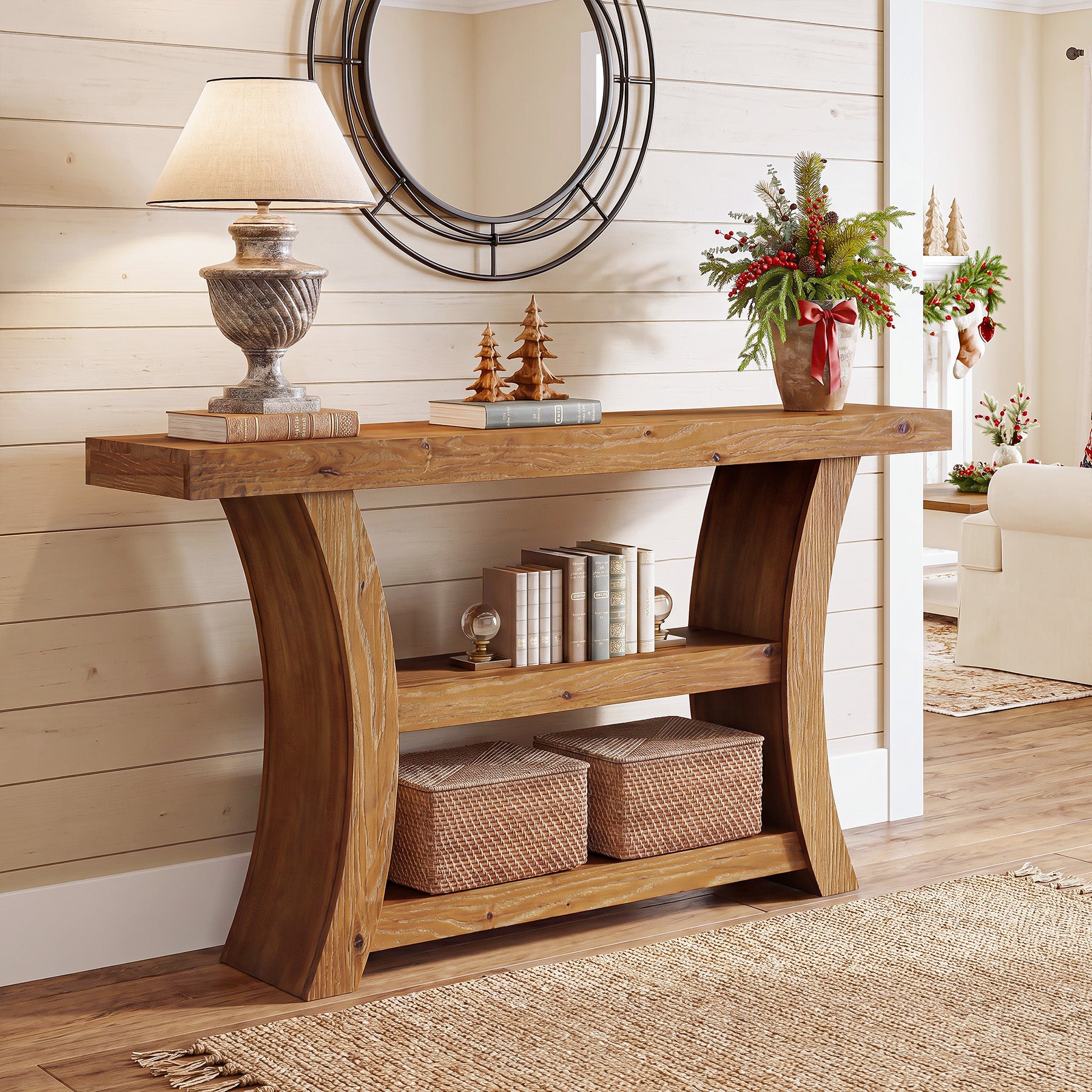 Tribesigns 55-Inch Solid Wood Console Table with 3-Tier Storage, Curved Entryway Table for Hallway