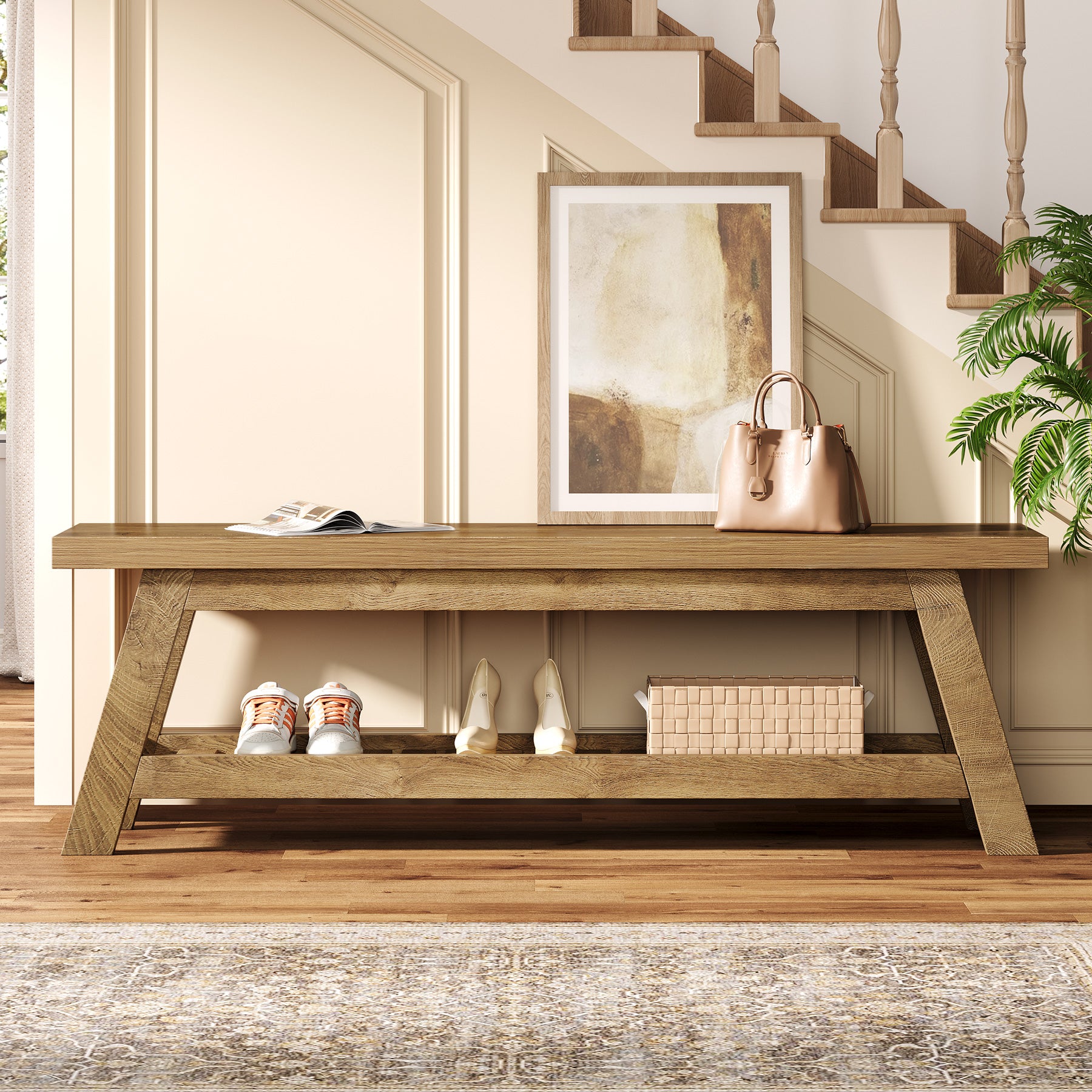 55-Inch Wood Entryway Bench with Shoe Storage, Two-Tier Narrow Hallway Seating Bench for Foyer and Bedroom