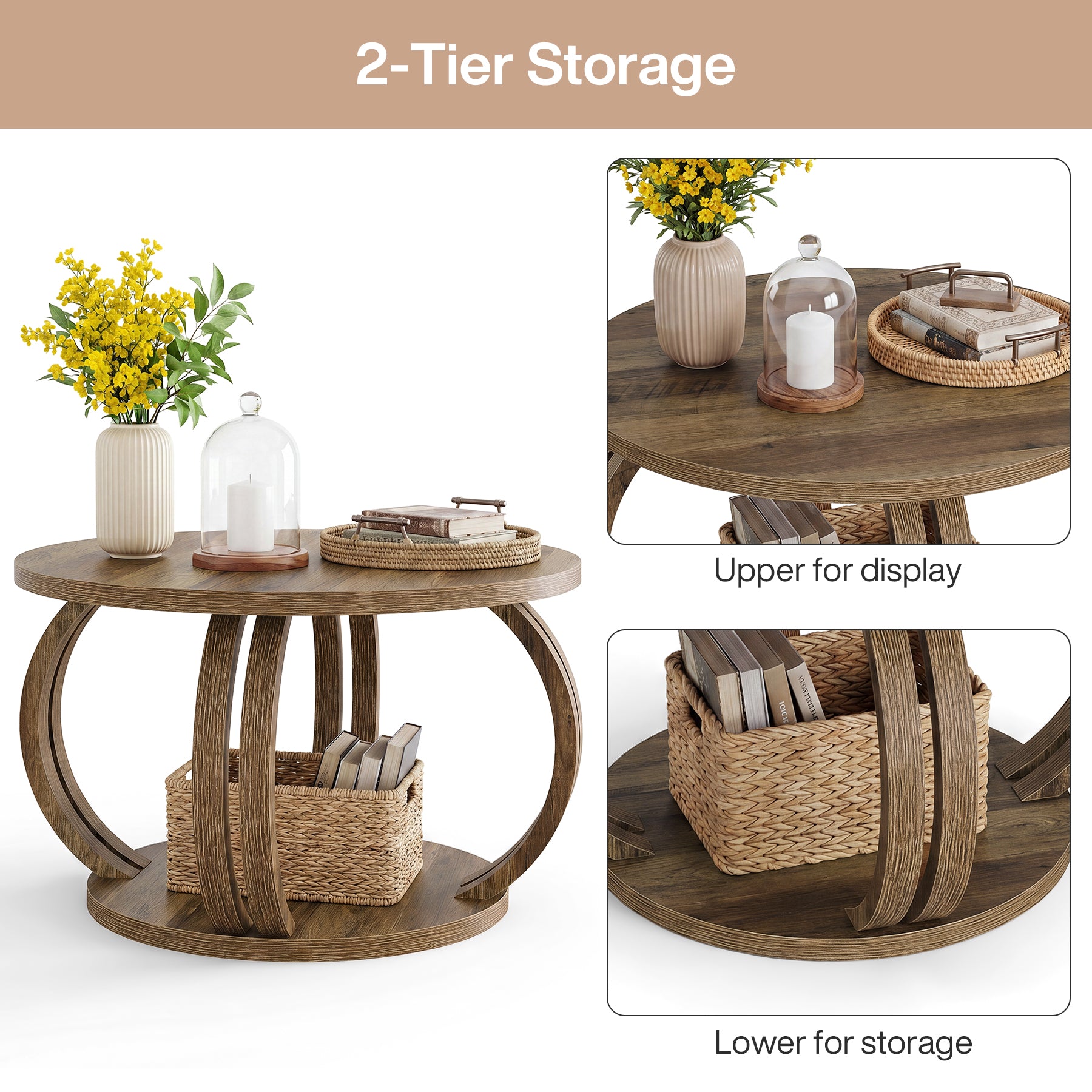 Tribesigns 31.5 Inch Round Coffee Table with Storage, Sculptural Curved Base for Living Room