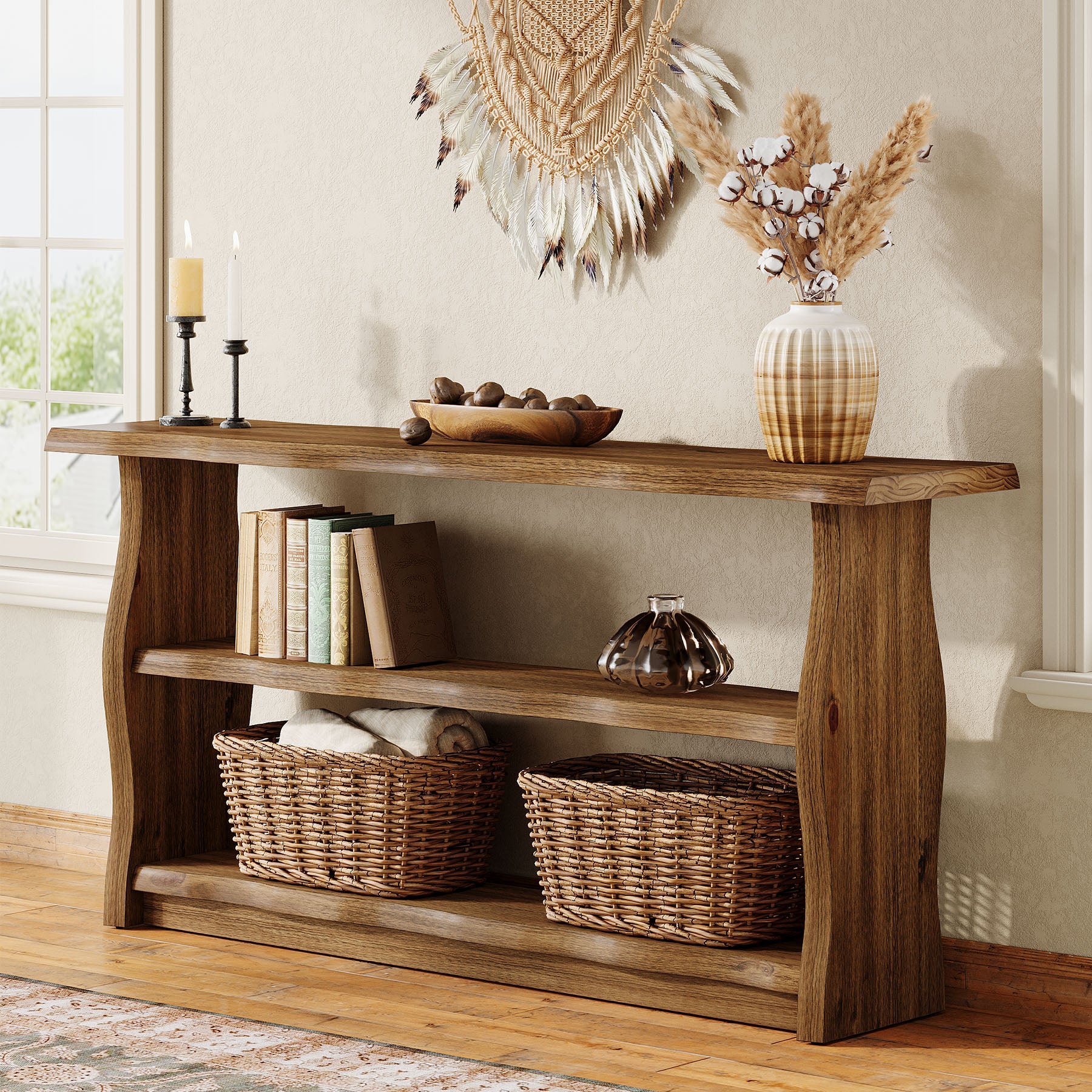 63-Inch Solid Wood Console Table with 3-Tier Open Storage, Rustic Pinewood Entryway Table for Hallway