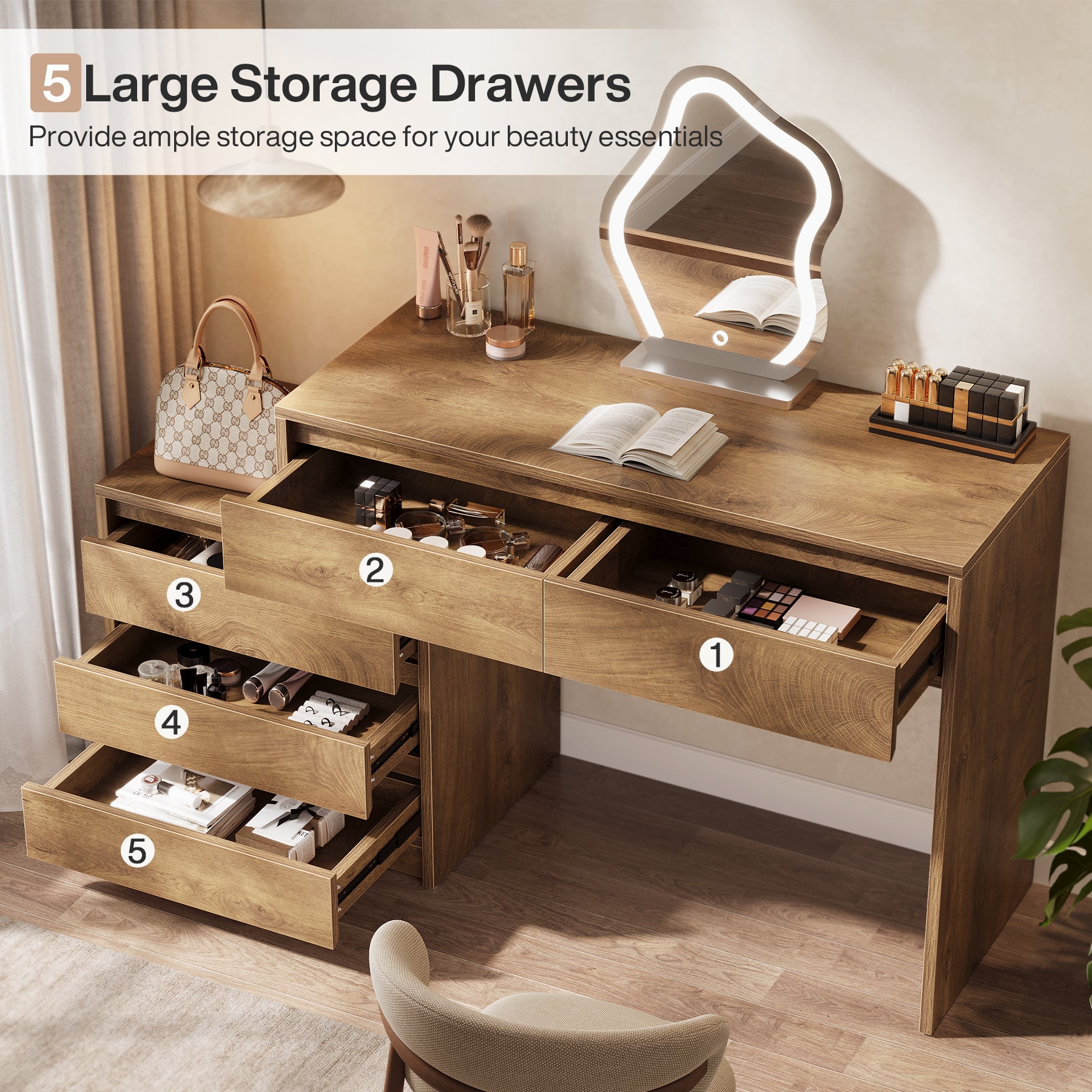 63-Inch Makeup Vanity Desk with 5 Drawers, Modern Dressing Table with Cabinet