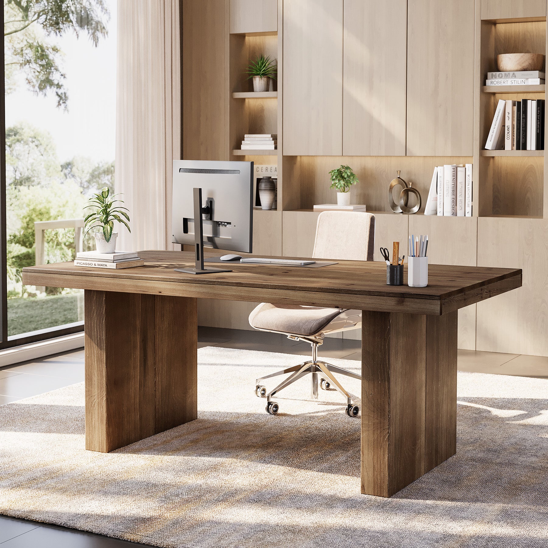 Tribesigns 63-Inch Solid Wood Executive Desk with Spacious Tabletop and Sturdy Wooden Legs, Farmhouse Computer Desk for Home Office Study and Workstation
