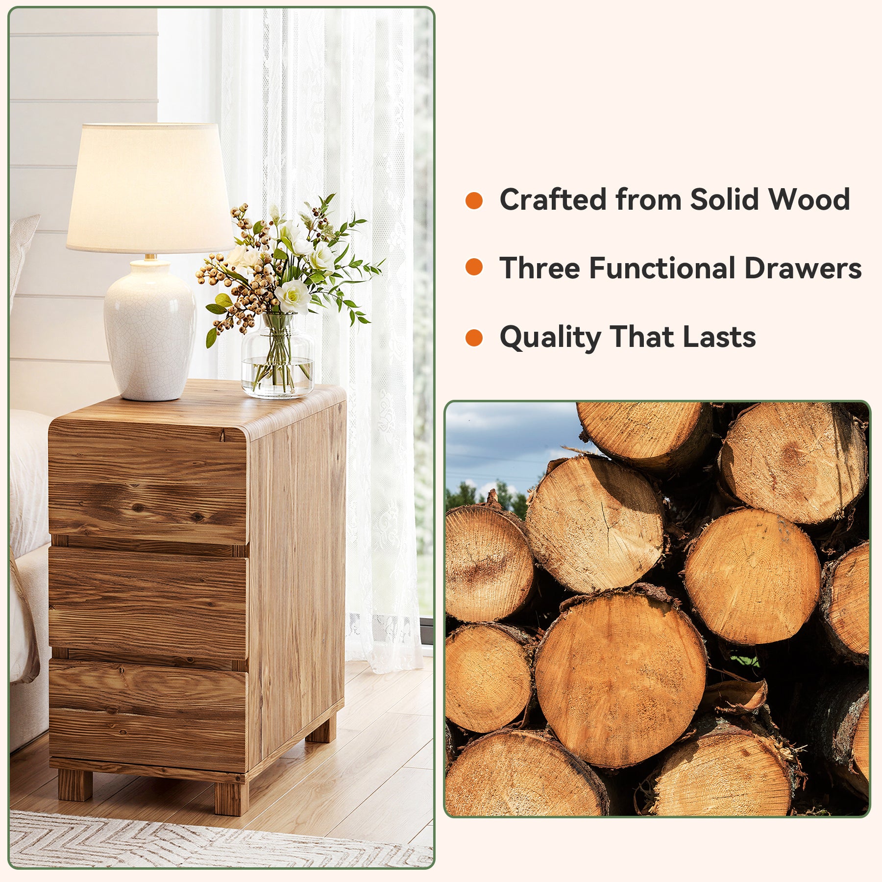 Tribesigns 25.59-Inch Tall Solid Wood Side Cabinet, 3-Drawer Narrow Nightstand