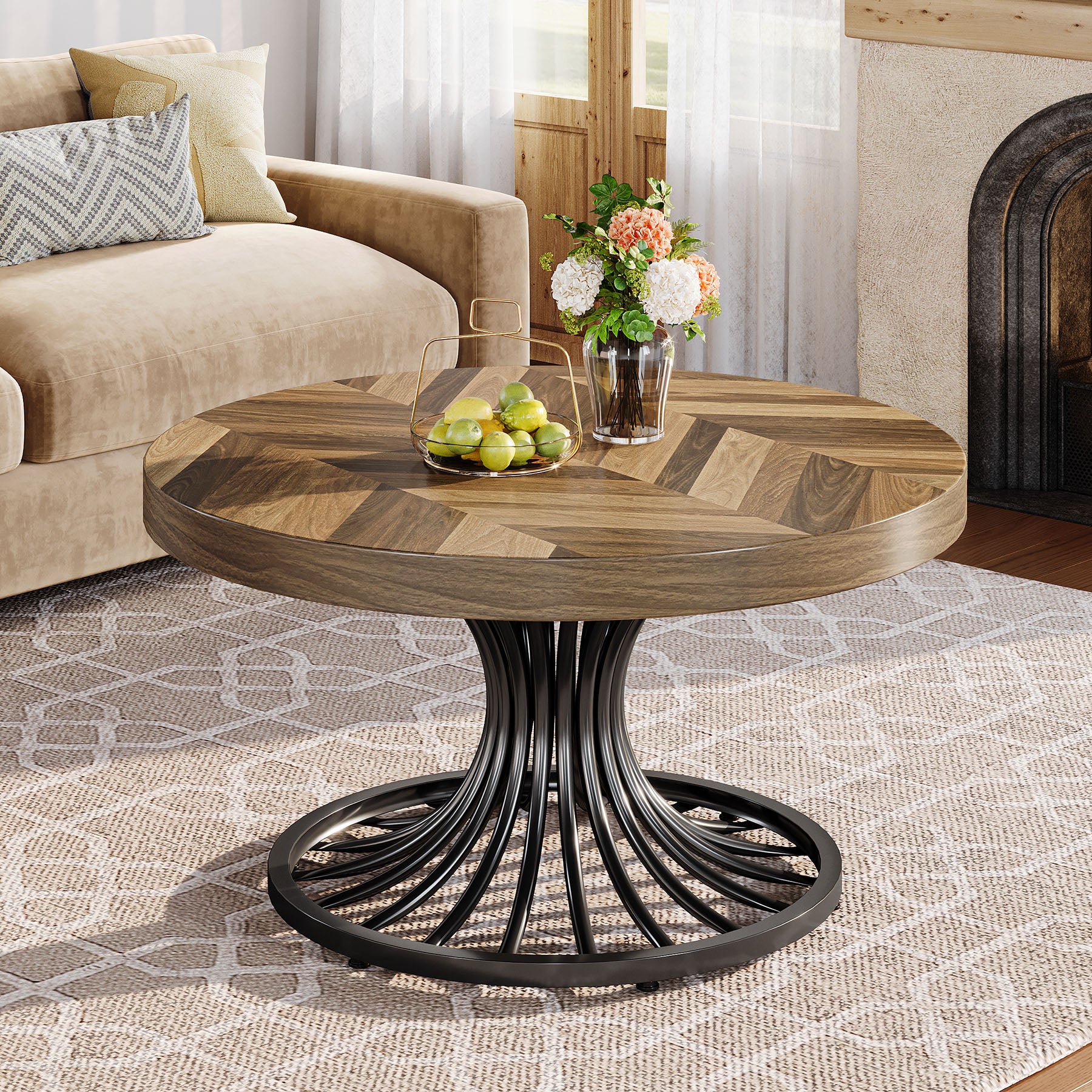 31.5-Inch Round Wood Coffee Table, Farmhouse Circle Table with Metal Pedestal for Living Room