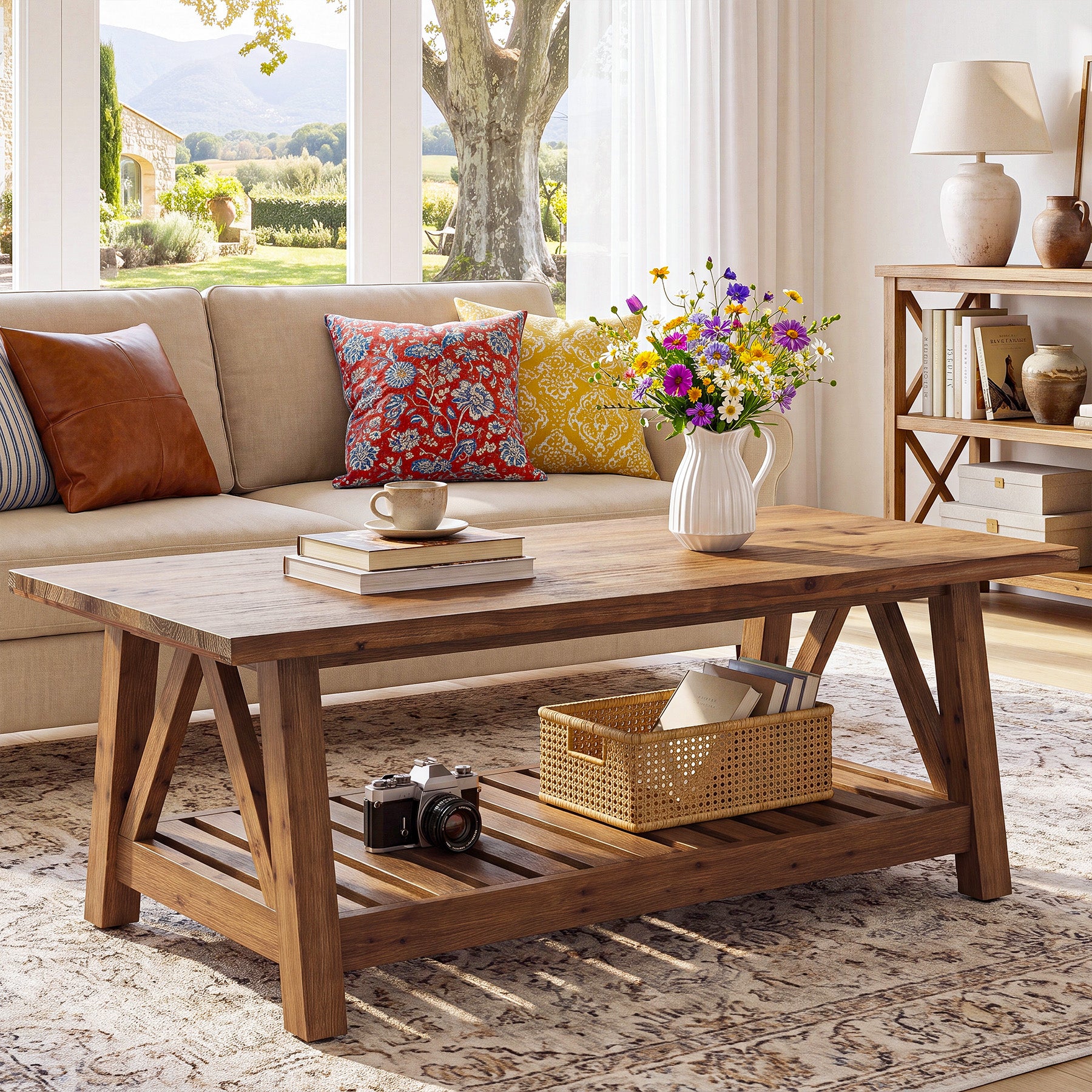 Tribesigns 47.24-Inch Solid Wood Coffee Table, Farmhouse 2-Tier Storage Table for Living Room