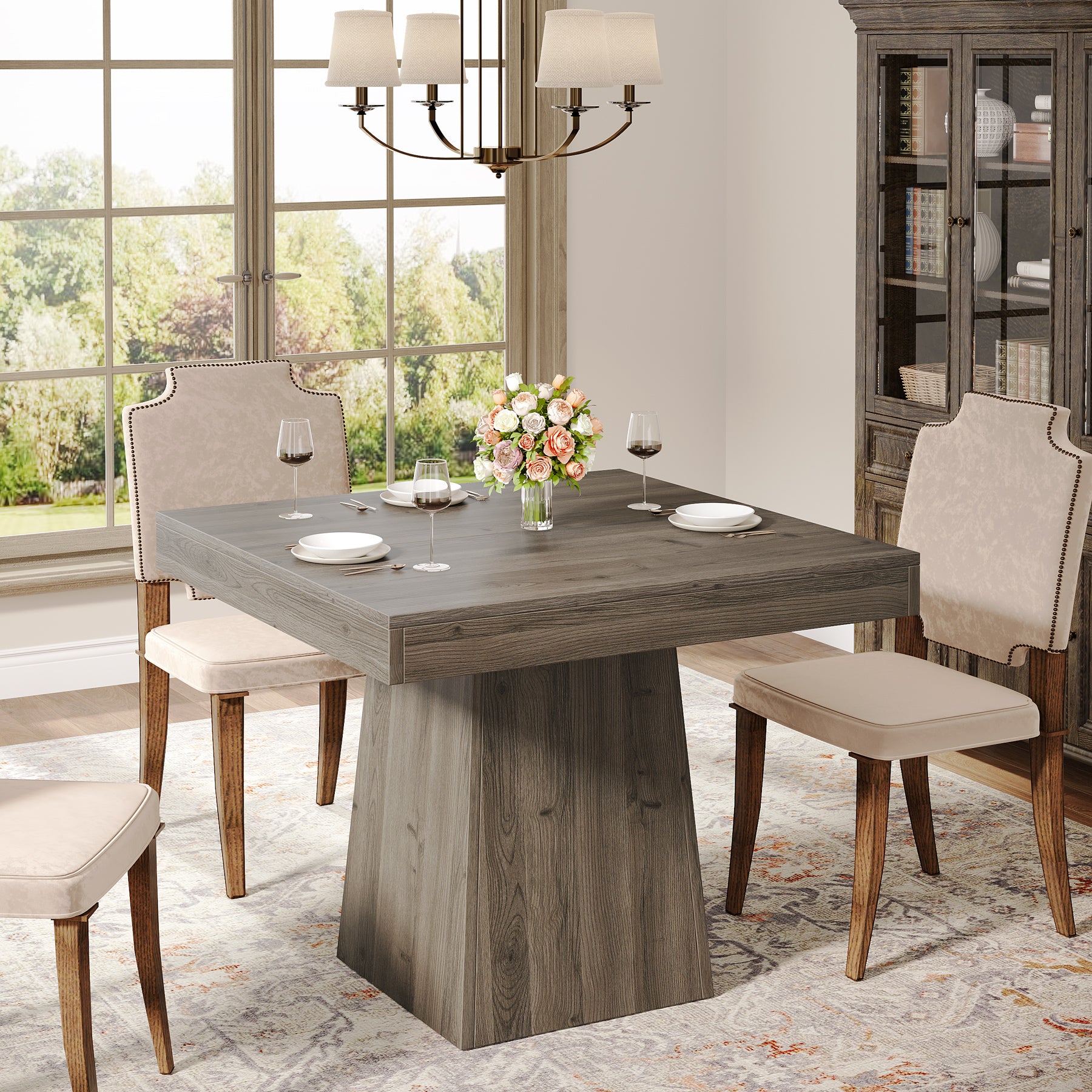 31.5-Inch Square Dining Table for 4 with 3.93-Inch-Thick Top and Pedestal Base