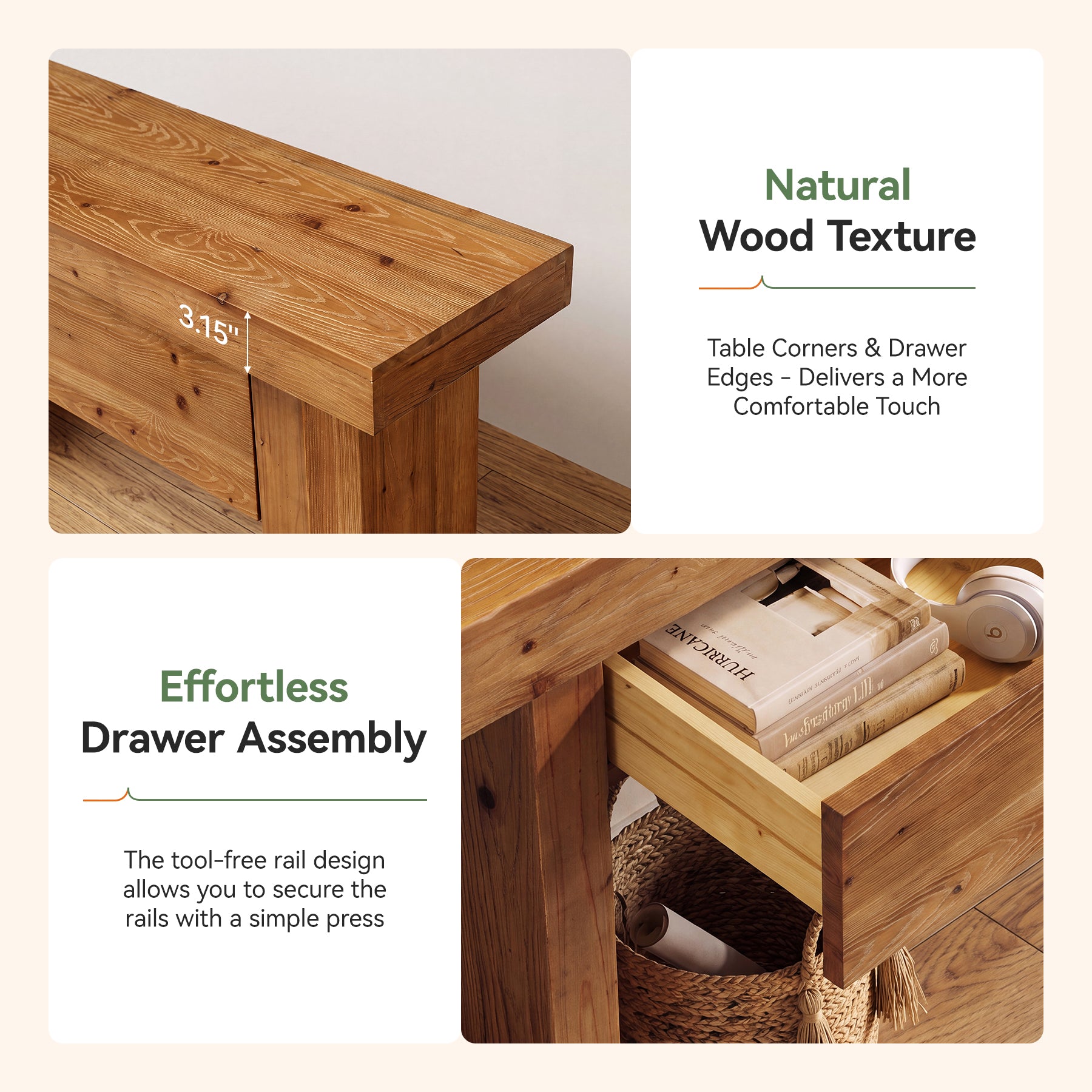 63 Inch Fir Wood Console Table with 2 Hidden Drawers, Narrow Entryway Table for Hallway