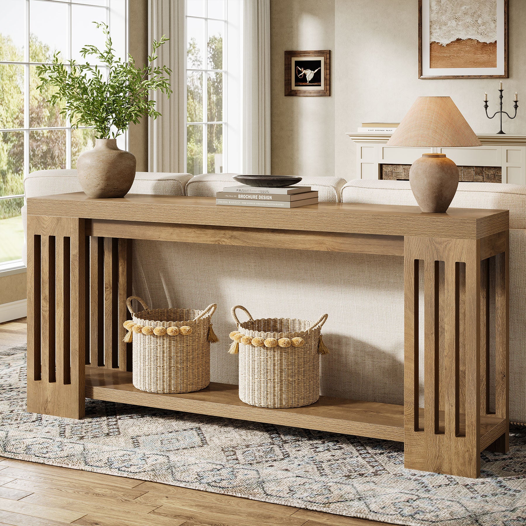 Tribesigns 70.9-Inch Farmhouse Console Table with Vertical Stripe Legs, 2-Tier Sofa Table for Living Room