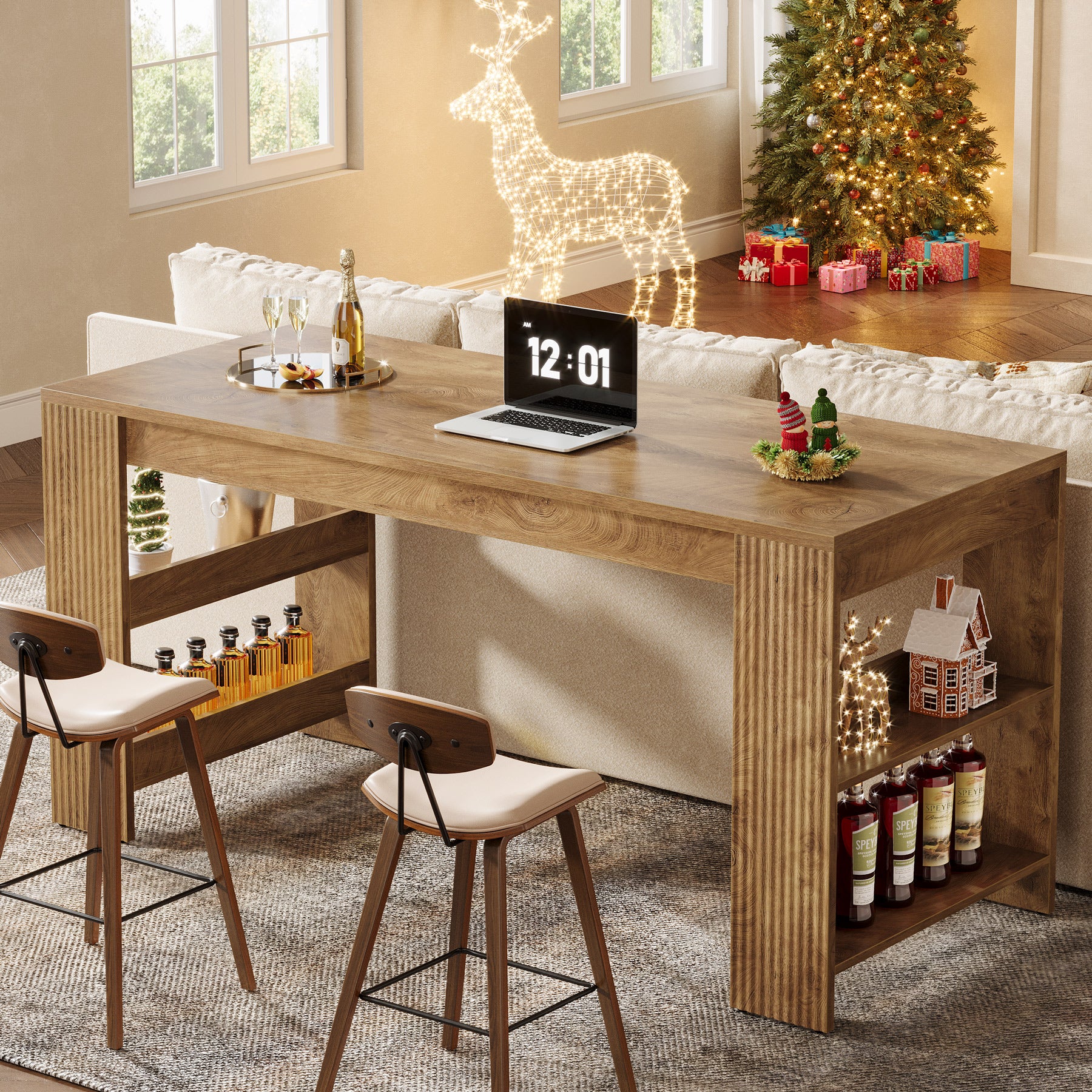 63 Inch Farmhouse Bar Table with Storage Shelves, Counter Height Pub Table for Kitchen