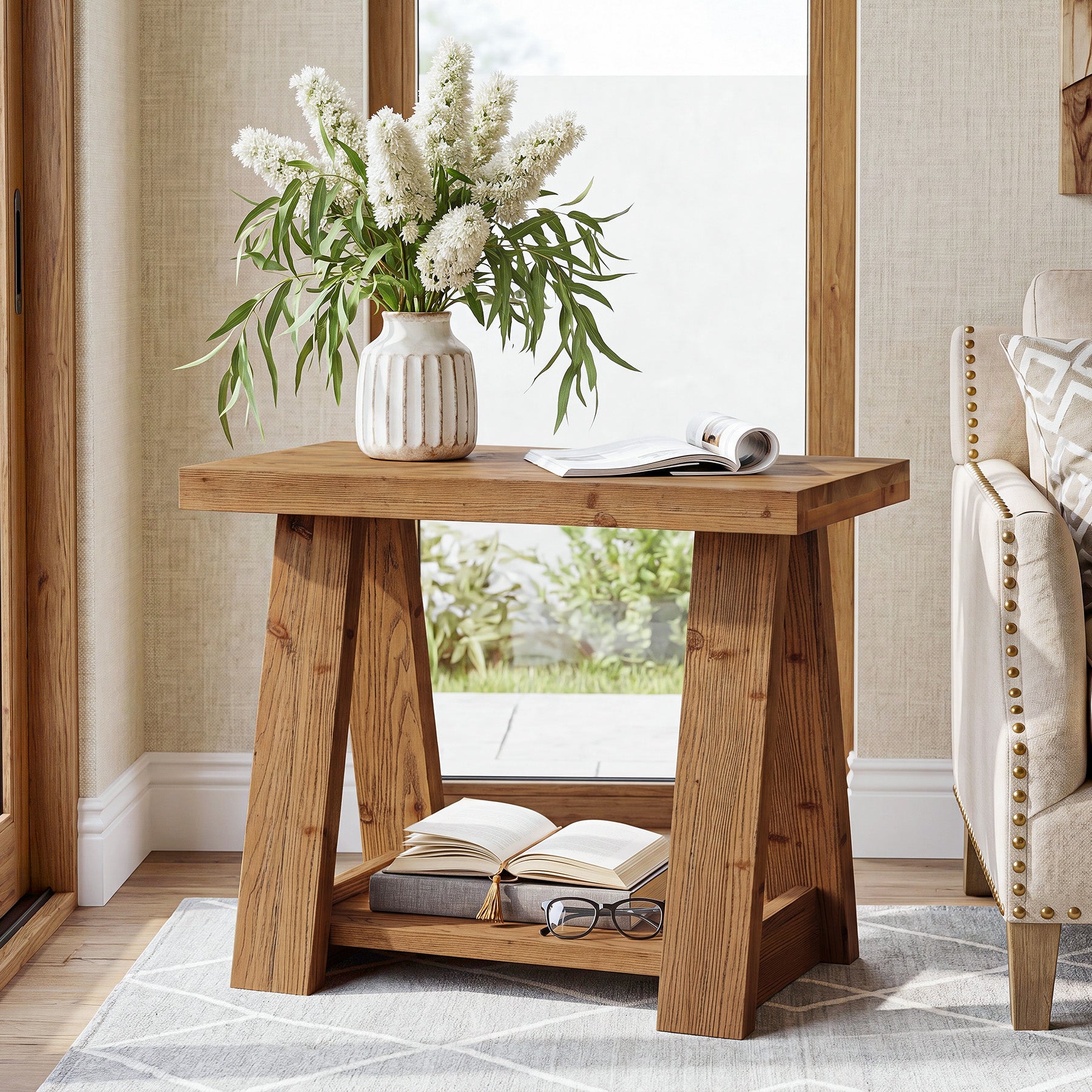 23.62 Inch Solid Wood End Table with 2-Tier Storage Shelves, Farmhouse Side Table for Living Room