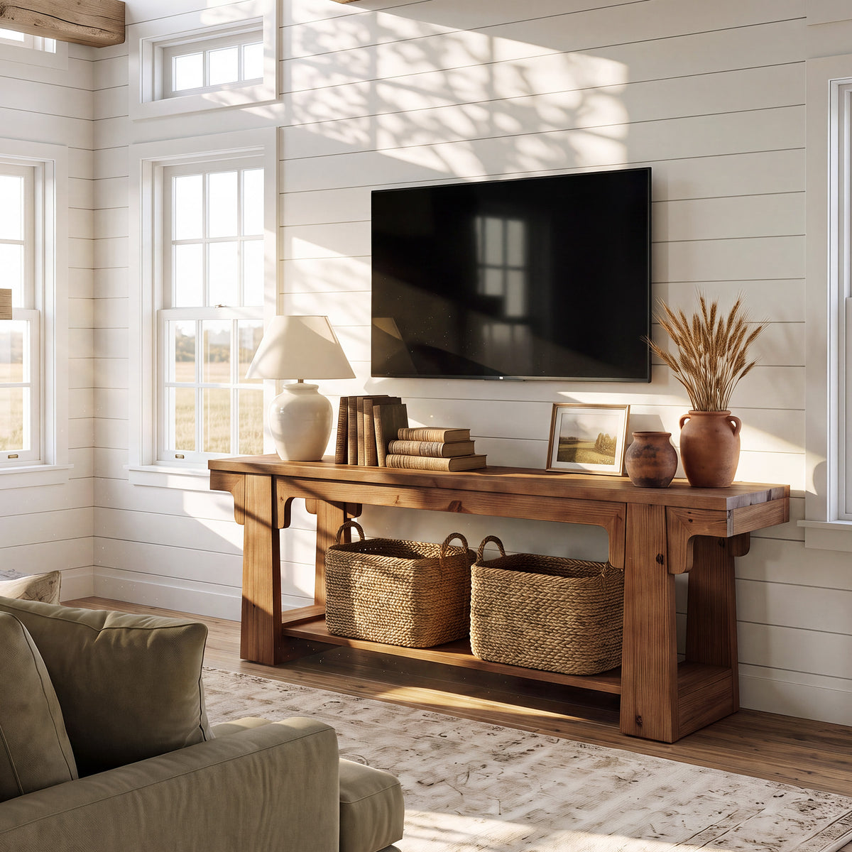 Tribesigns 63 Inch Solid Wood TV Stand with Curved A-Legs, Farmhouse Media Console for Living Room