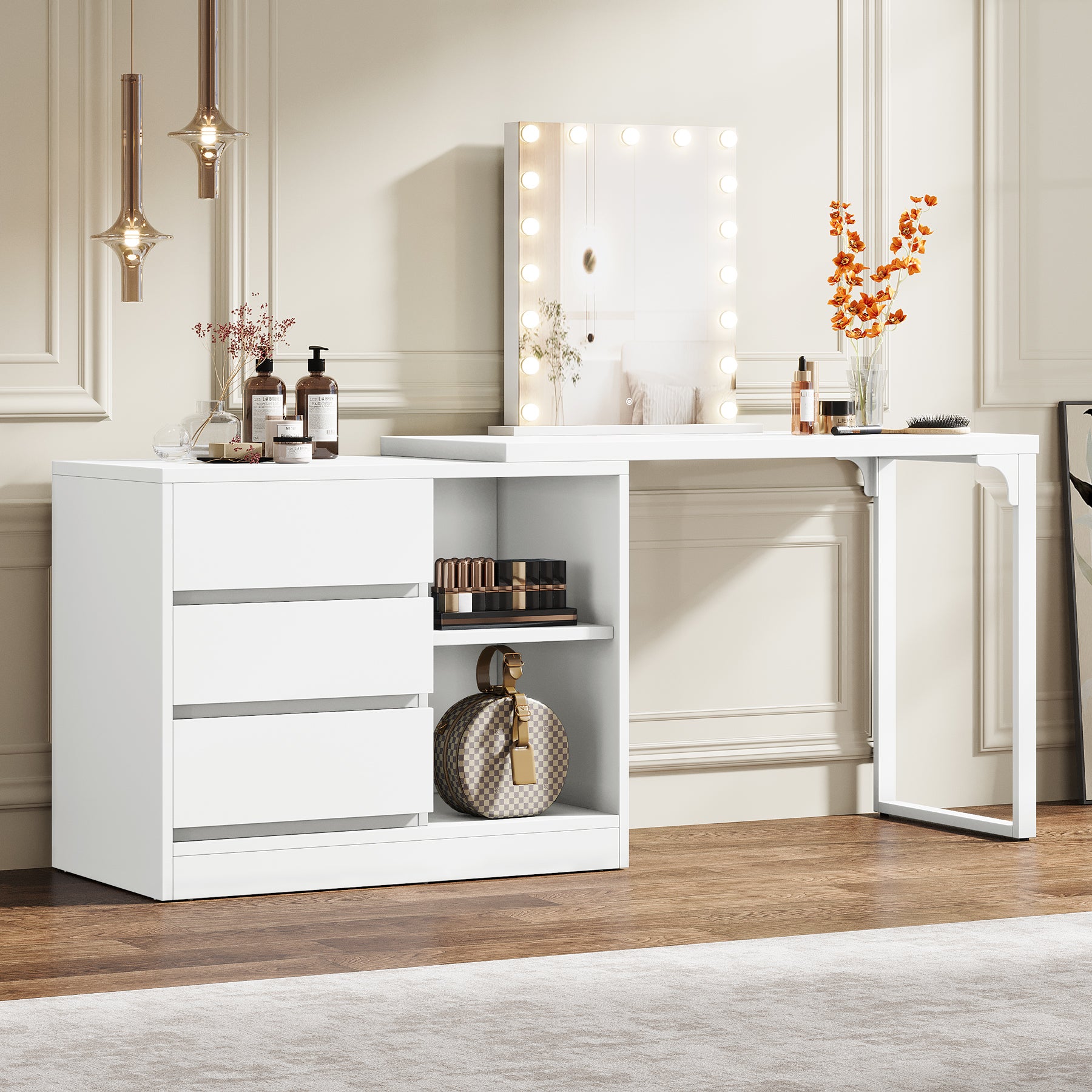 Tribesigns Vanity Desk with 3 Drawers and 2 Shelves, Matte White Makeup Table with Reversible Storage Cabinet for Bedroom