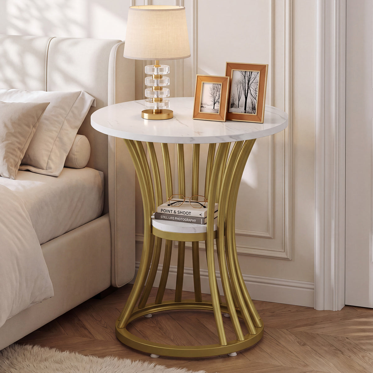 Tribesigns 20" Round End Table with 2-Tier Storage, White Faux Marble Side Table for Living Room