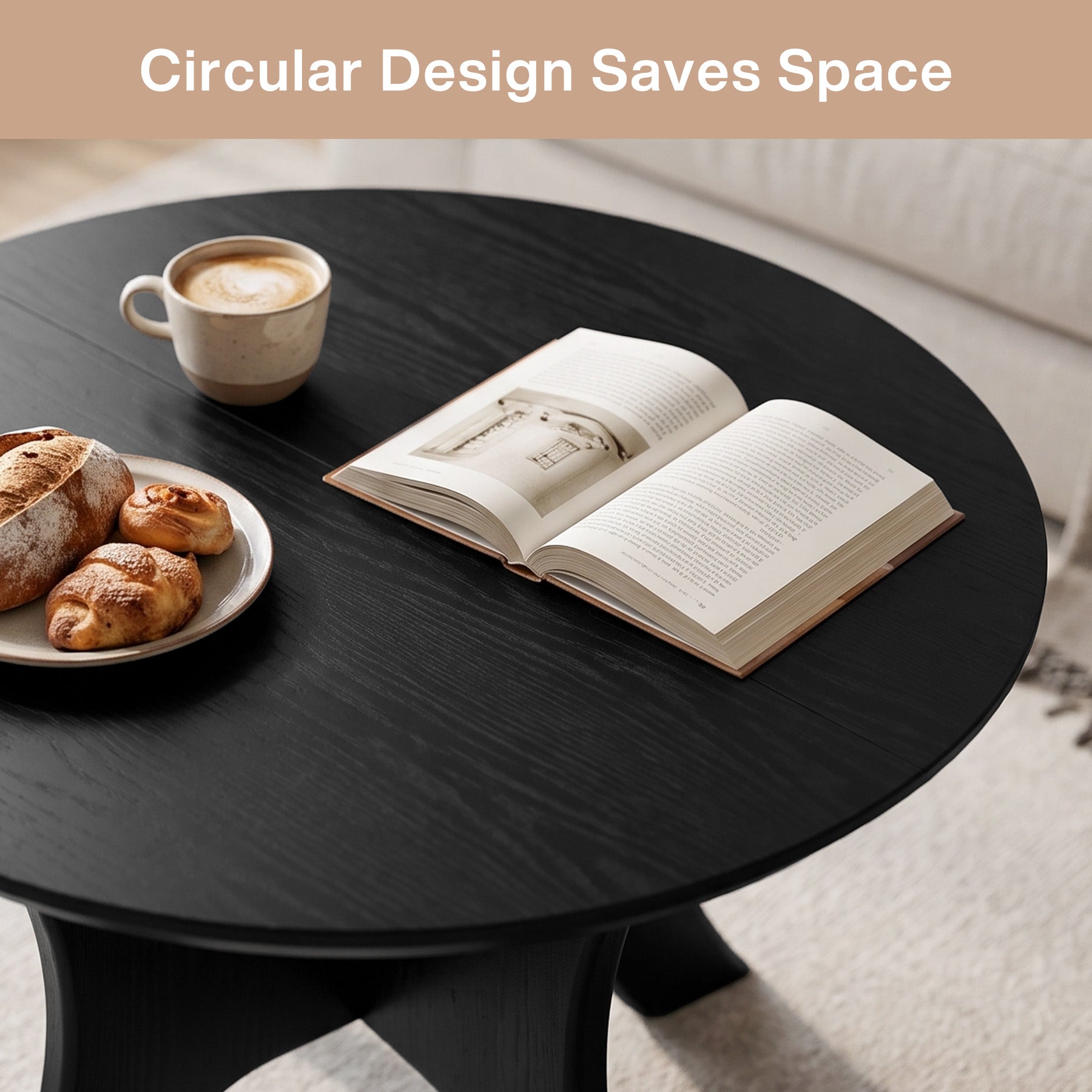 Tribesigns 31.1 Inch Round Coffee Table with Cross Base, Modern Black Table for Living Room