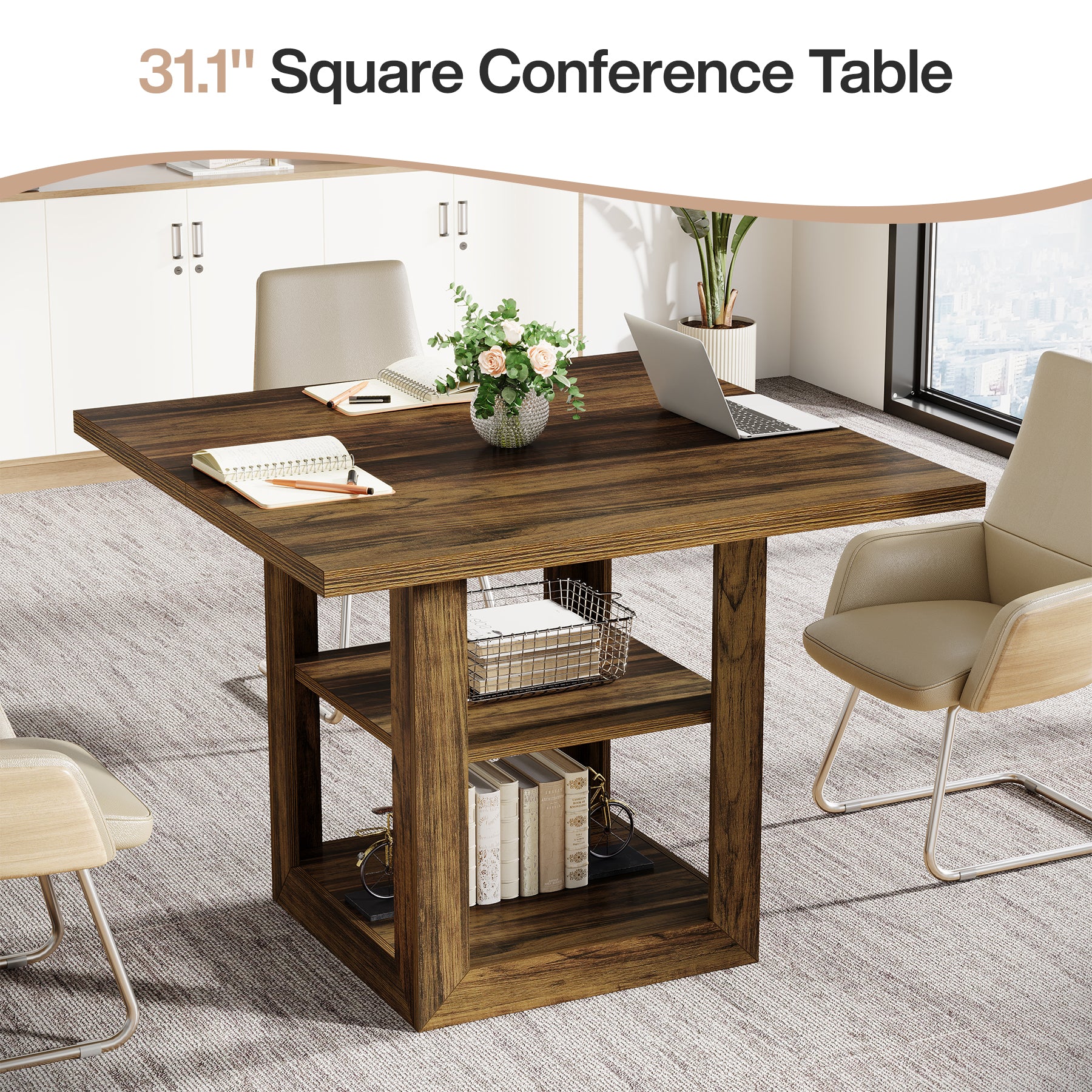 Tribesigns 31.5" Square Conference Table for 4, Compact Meeting Table with Storage Shelf