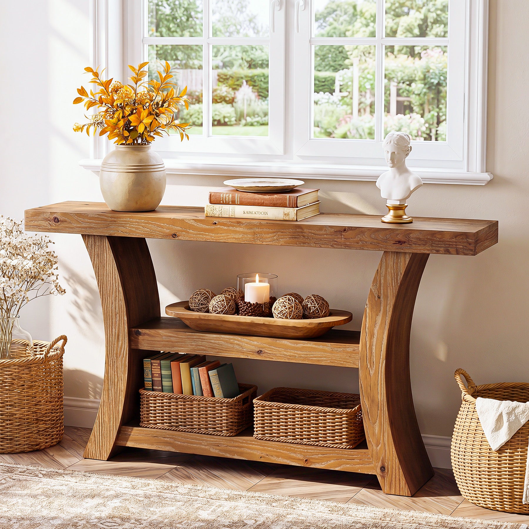 Tribesigns 55-Inch Solid Wood Console Table with 3-Tier Storage, Curved Entryway Table for Hallway