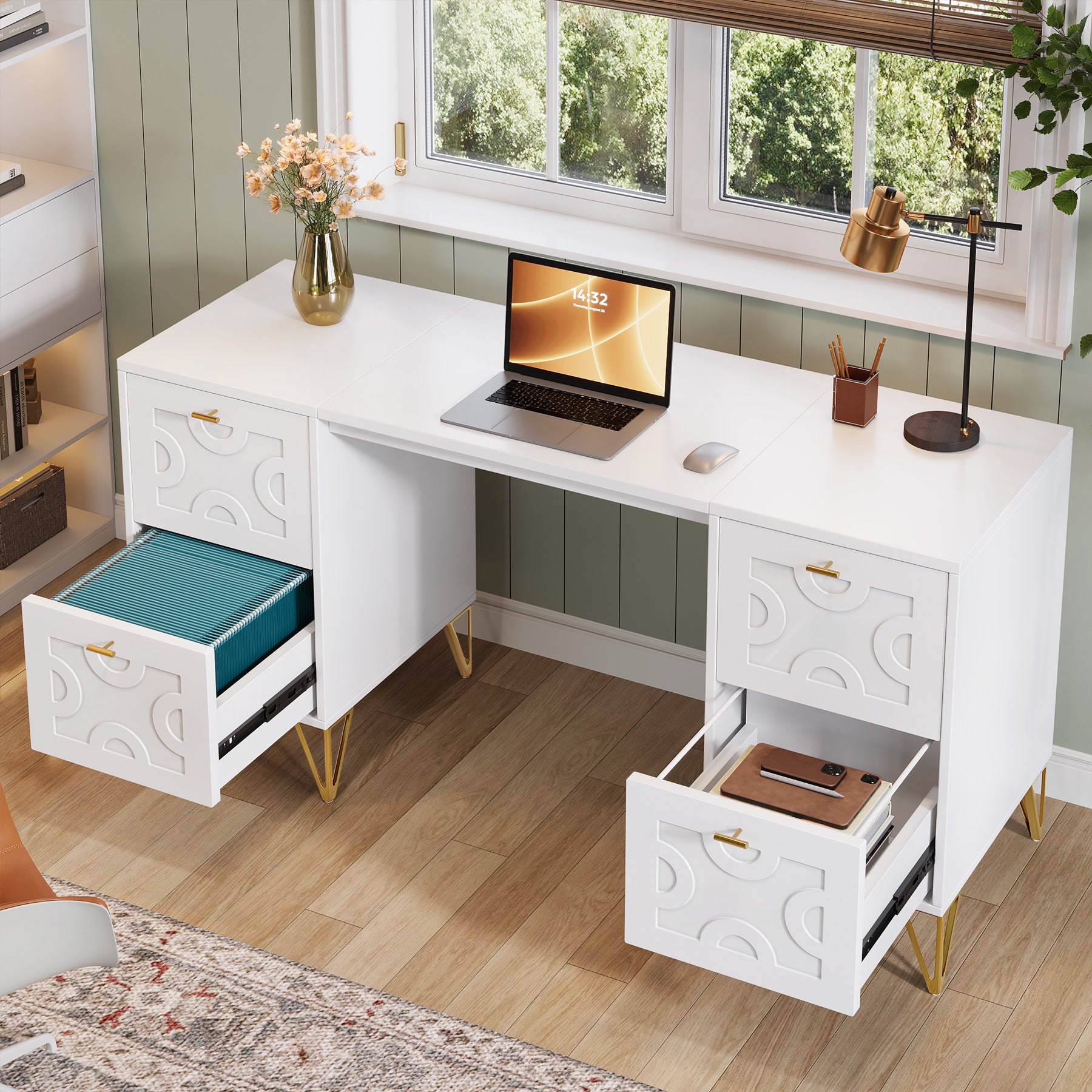 59-Inch Office Desk with Drawers, Modern White Computer Desk with Gold Legs for Home Workspace