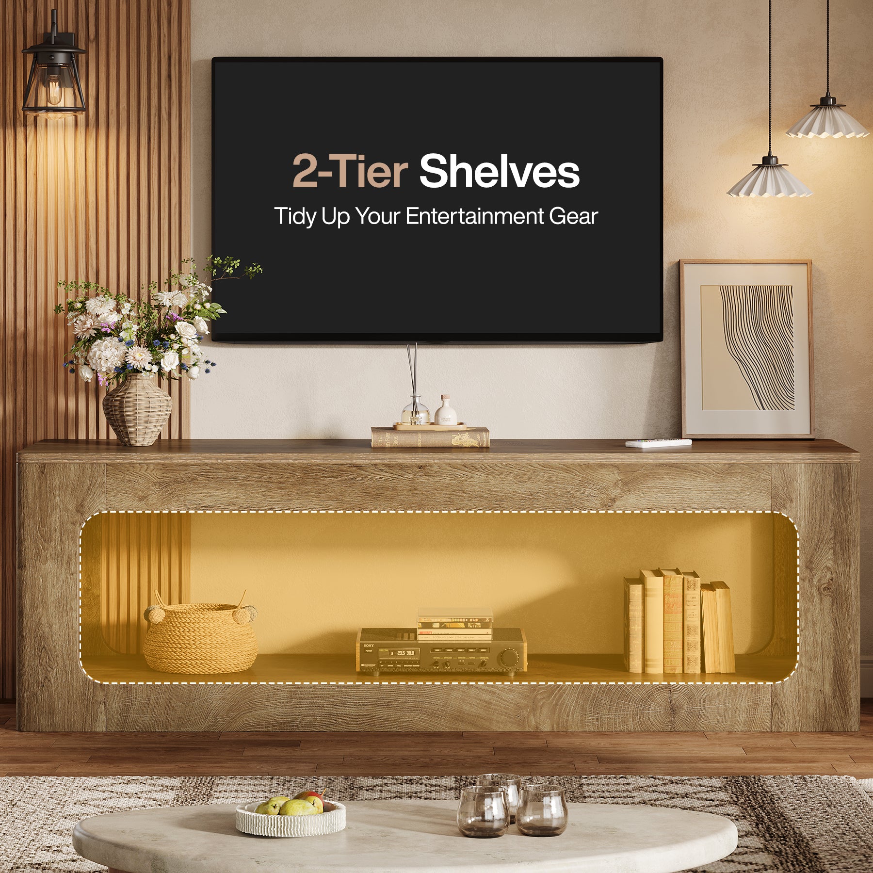 Tribesigns 63-Inch Farmhouse TV Stand with Circle Cutouts, 2-Tier Media Console for Living Room
