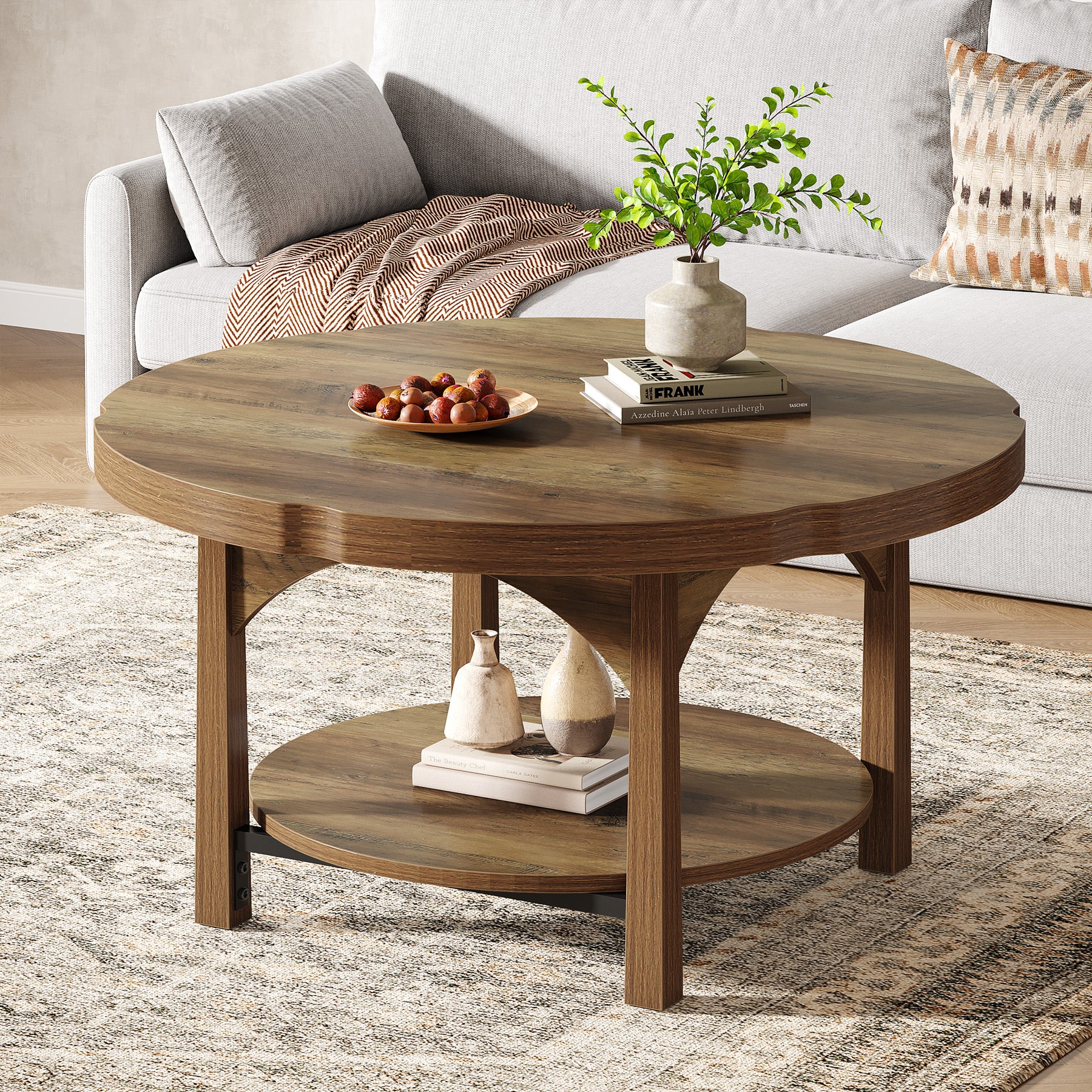 31.5" Round Coffee Table with 2 Tier Storage, Farmhouse Wooden Accent Center Table
