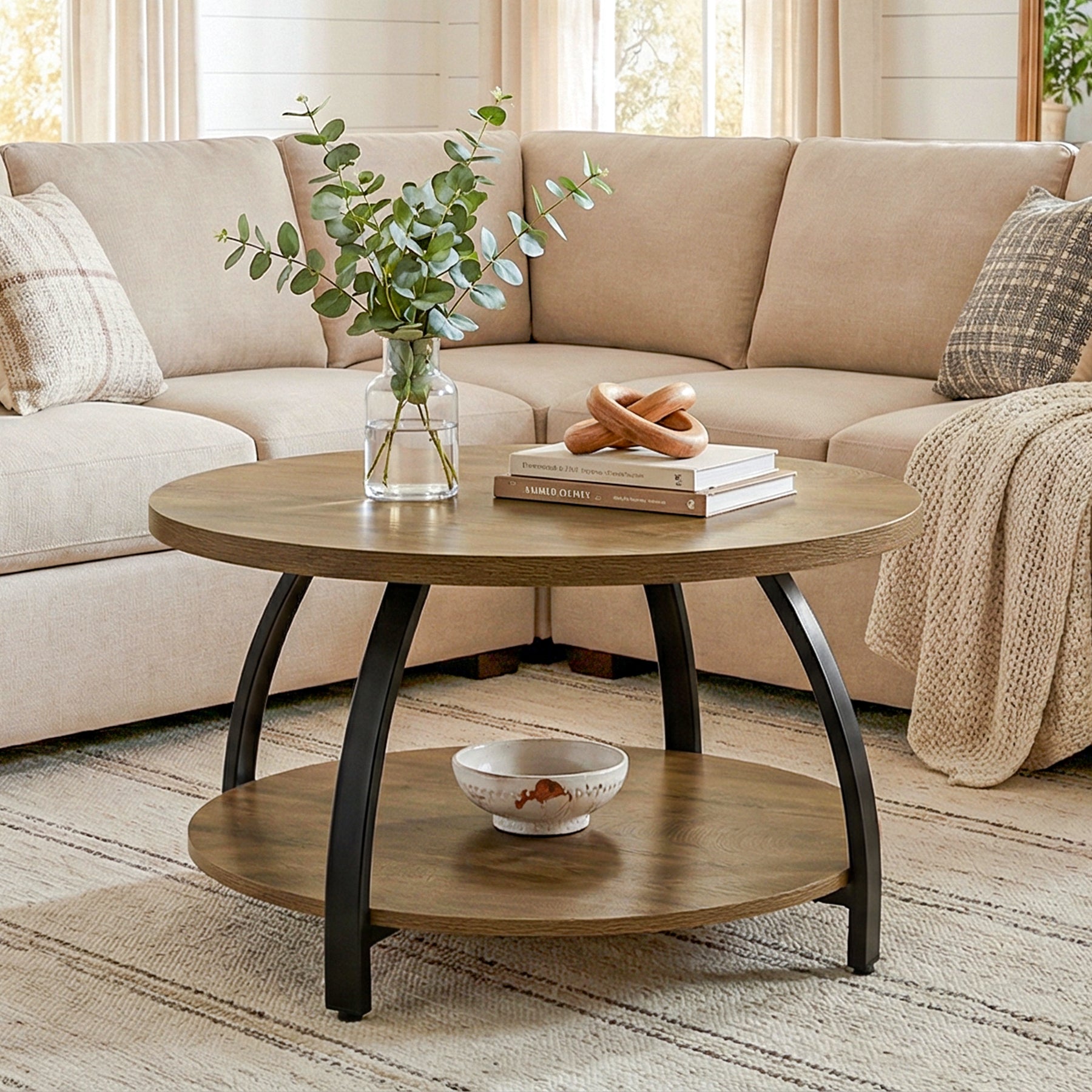 Tribesigns 31.5 Inch Round Coffee Table with 2-Tier Storage Shelves, Center Cocktail Table for Living Room