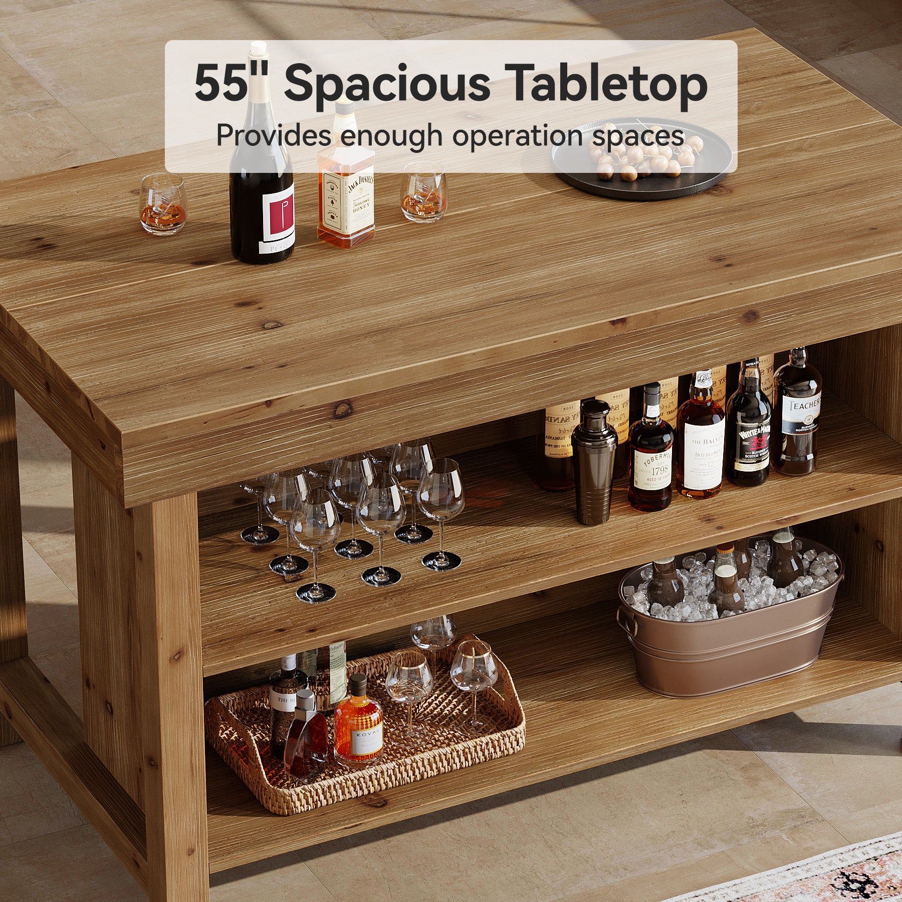 Tribesigns 55-Inch Solid Wood Bar Table with 3-Tier Open Storage Shelves, Farmhouse Counter Height Pub Table