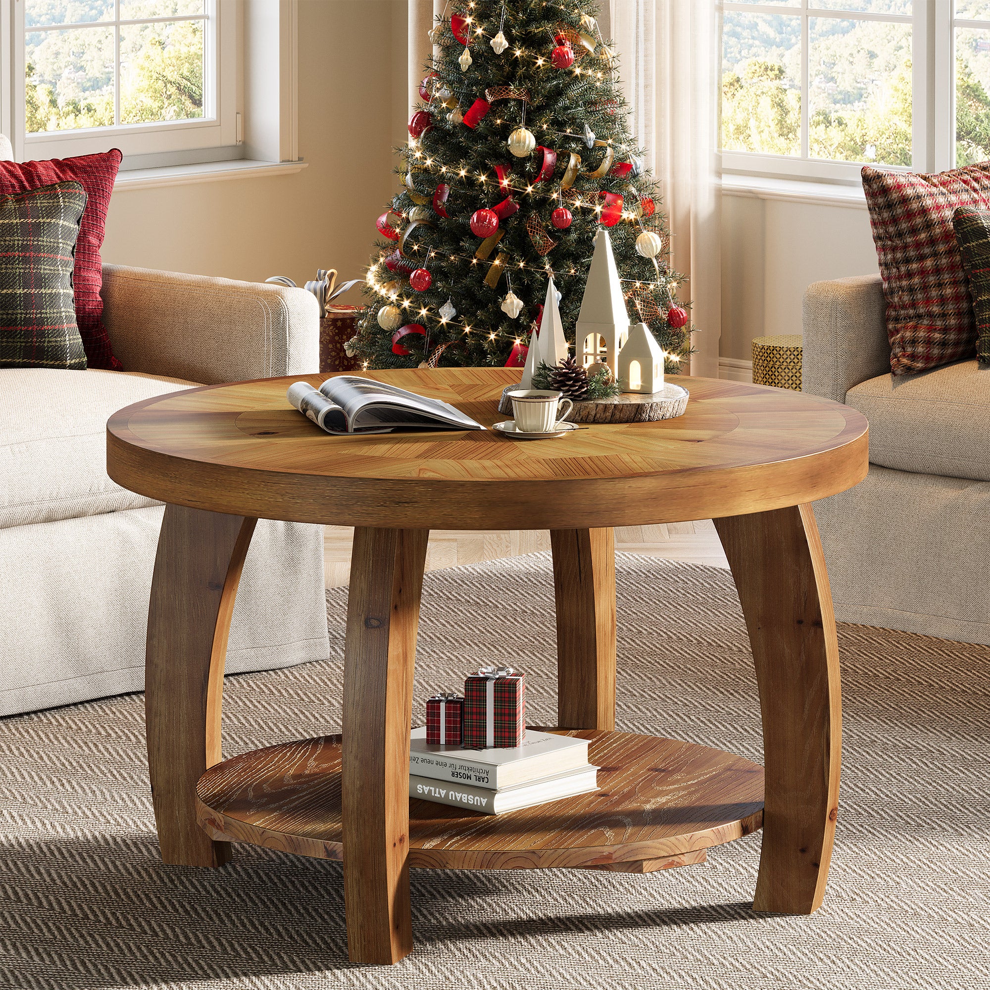 31.5-Inch Solid Wood Round Coffee Table, 2-Tier Center Table with Mosaic Pattern and Storage