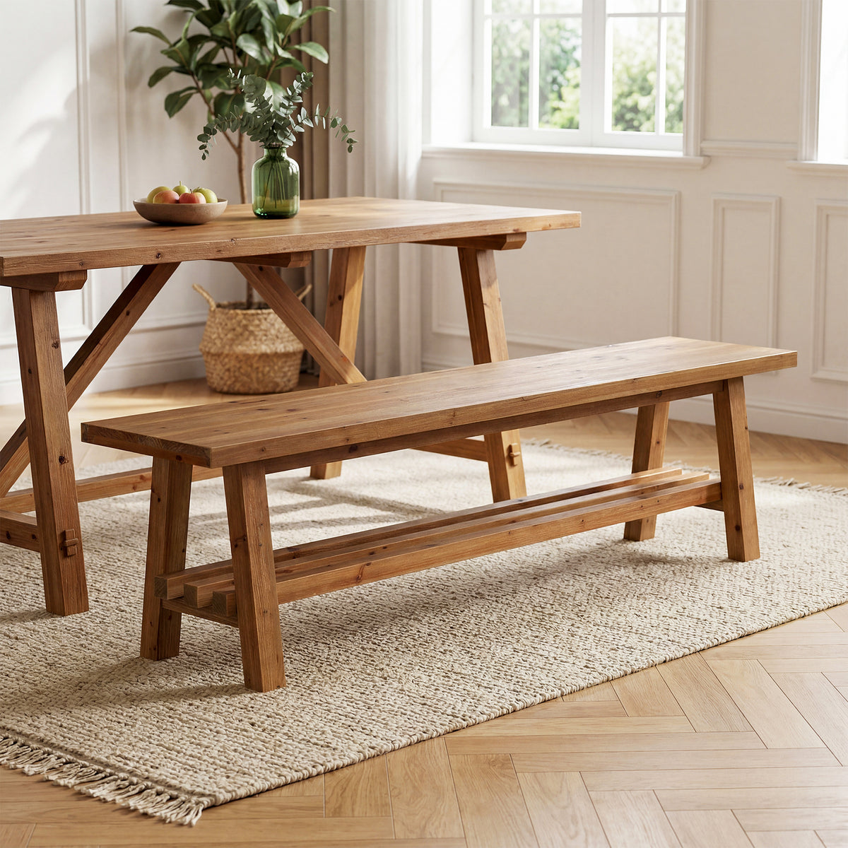 Tribesigns 55.1-Inch Solid Wood Dining Bench, Narrow Farmhouse Bench with Slatted Storage Shelf