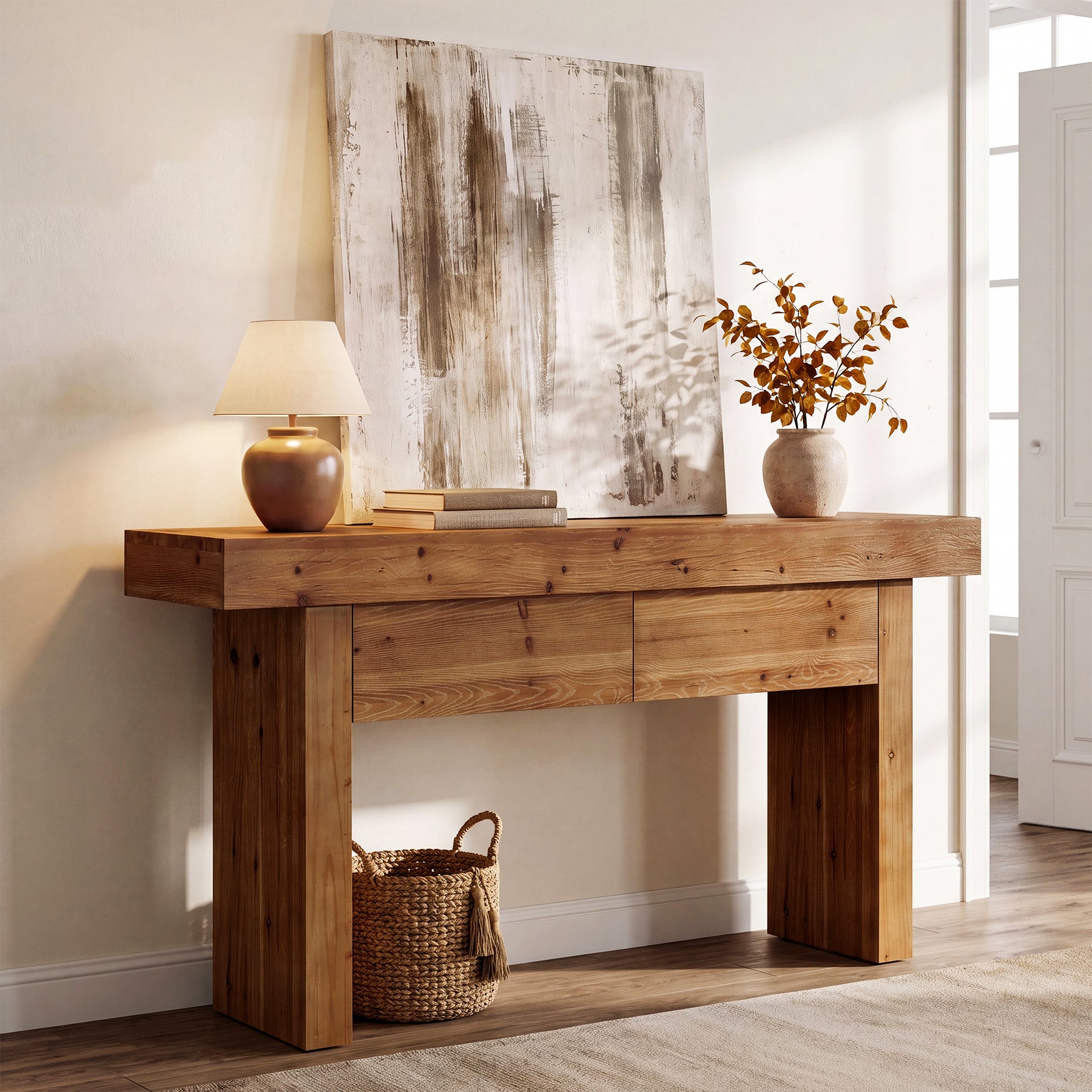 63 Inch Fir Wood Console Table with 2 Hidden Drawers, Narrow Entryway Table for Hallway