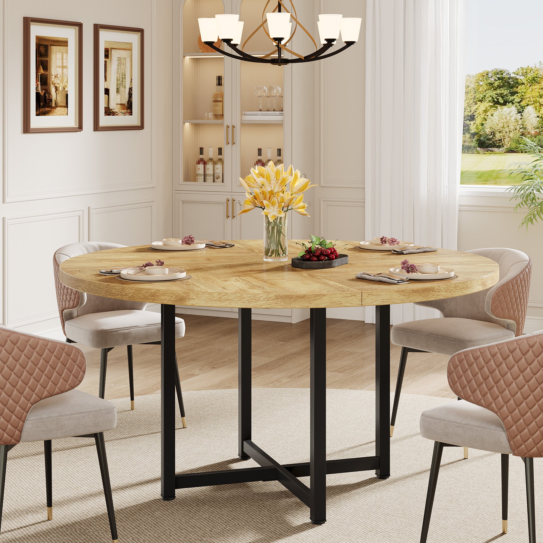 47" Round Dining Table, Heavy-Duty Metal Base, Space-Saving