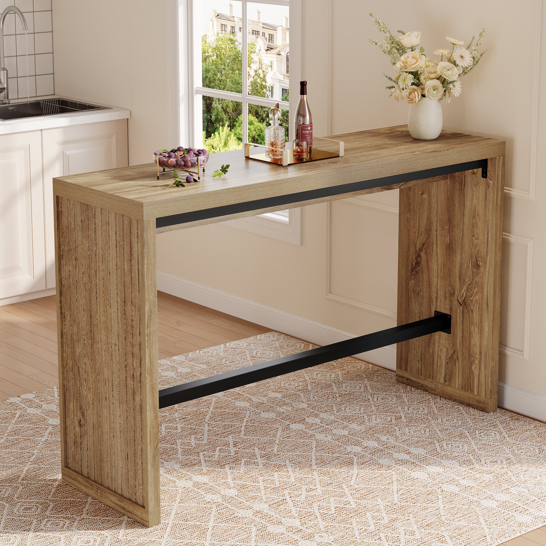 Tribesigns 55-Inch Counter Height Bar Table with Metal Footrest and Fluted Design, Rectangular High Top Pub Table for Home Bar Kitchen and Bistro