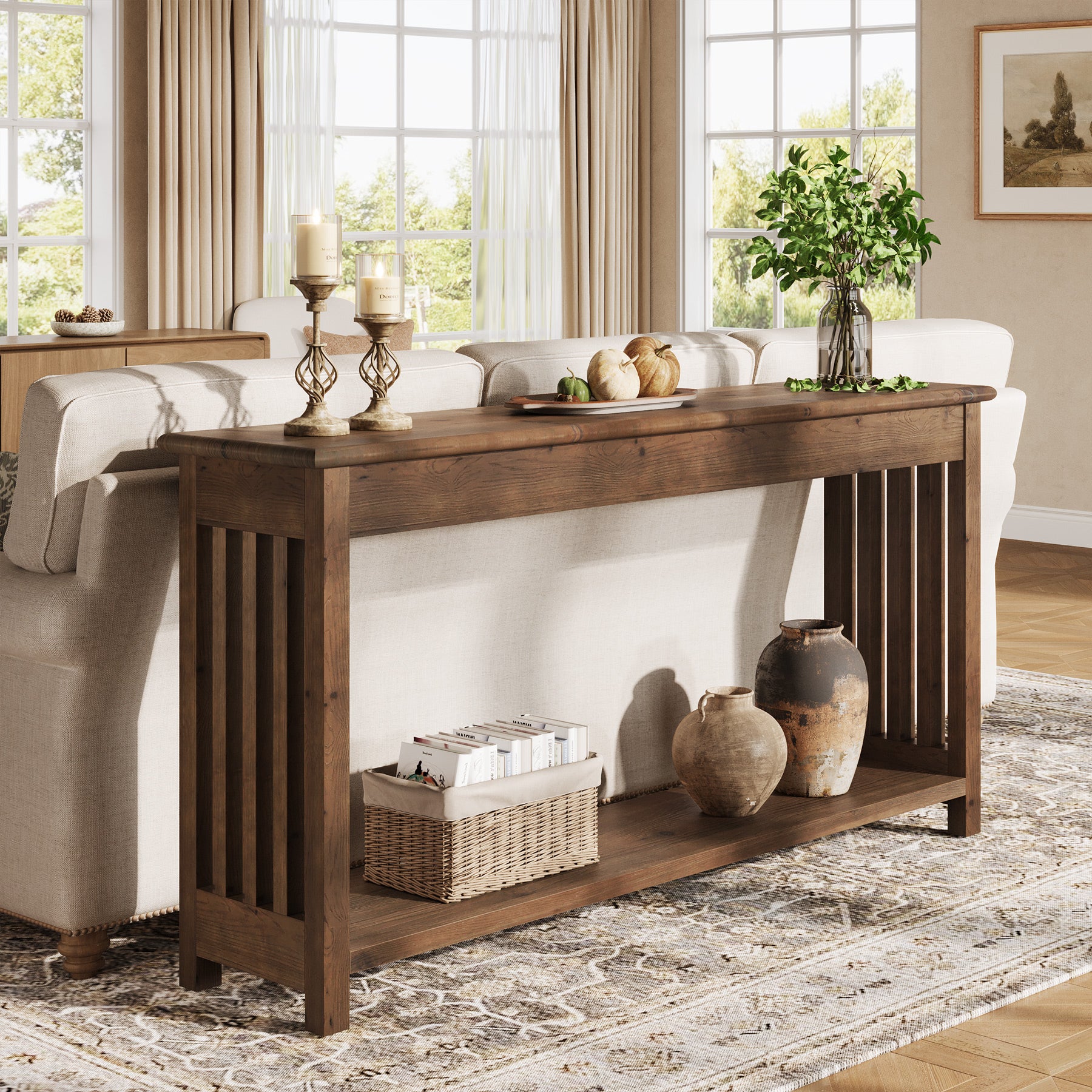 63-Inch Solid Wood Console Table, Farmhouse 2-Tier Entryway Sofa Table for Hallway