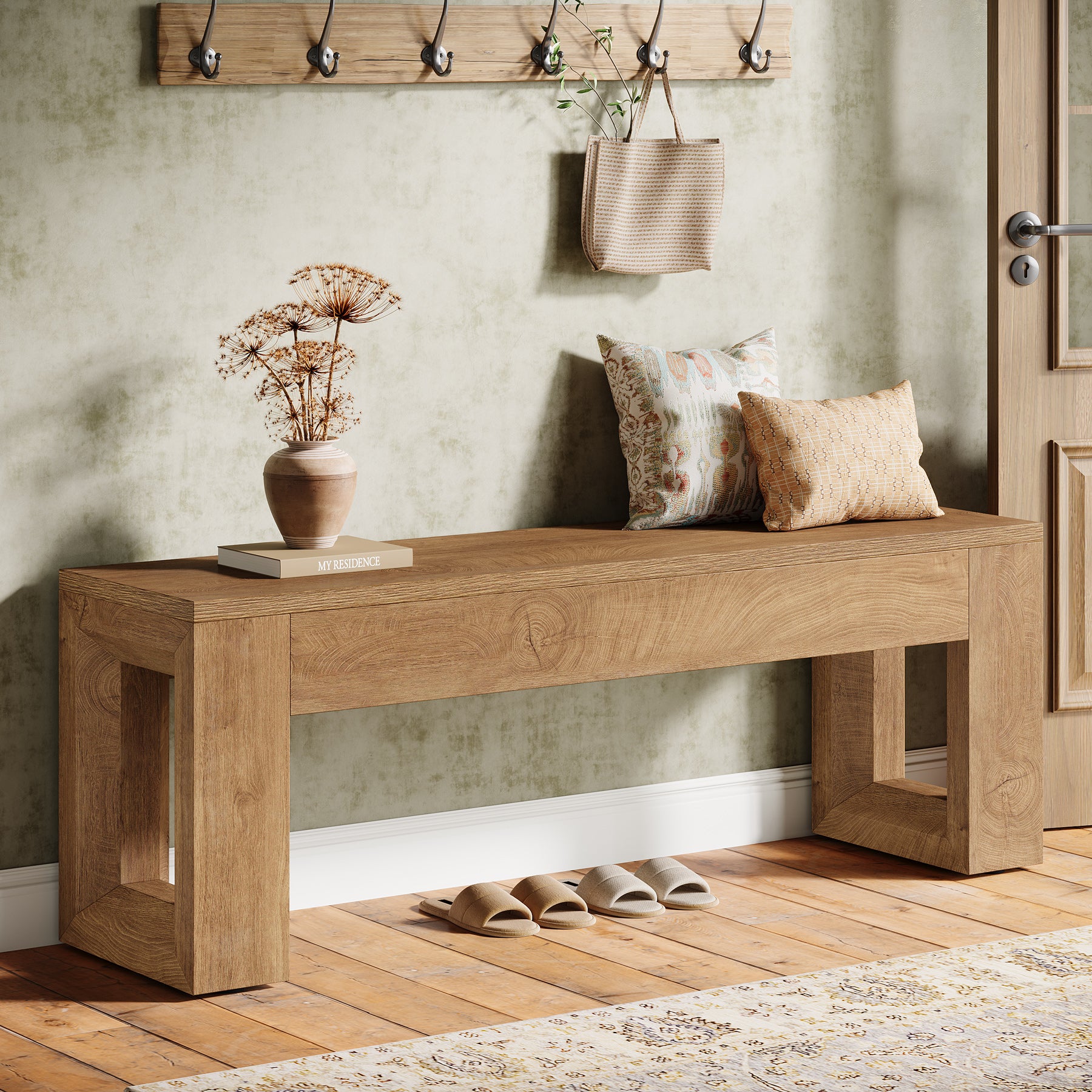 Tribesigns 47-Inch Farmhouse Entryway Bench, Long Wood Shoe Bench with Reinforced MDF Structure for Hallway