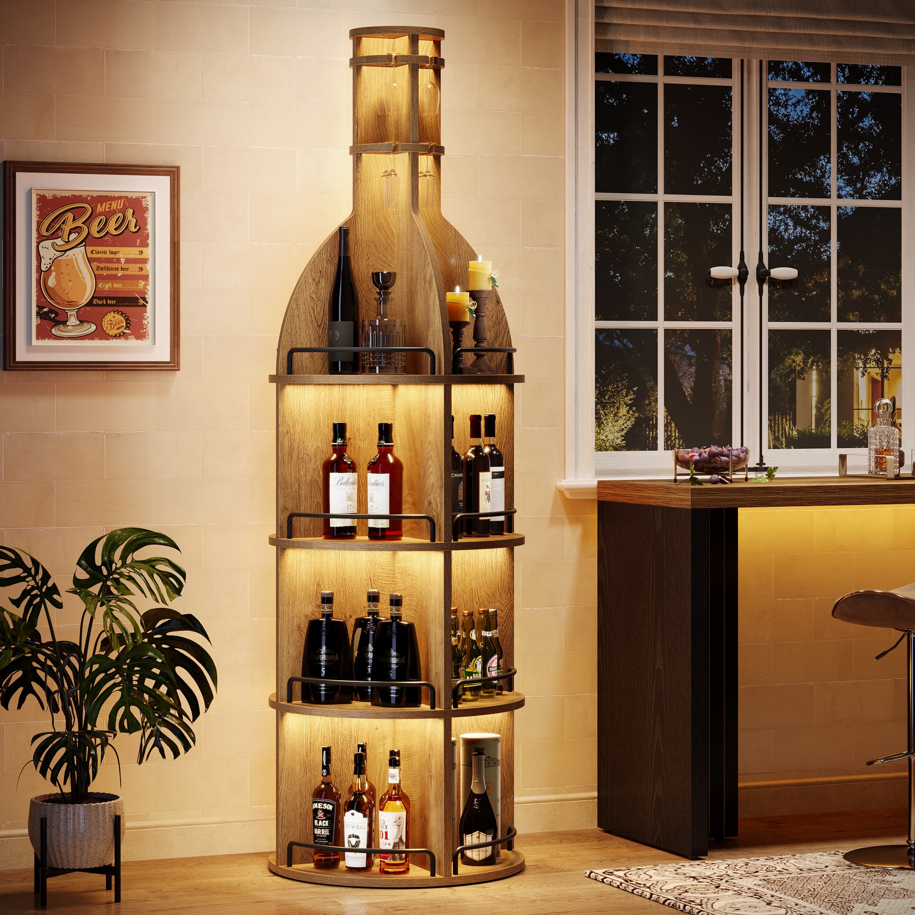 Tribesigns 74.8 Inch Tall Round Wine Rack with Storage Shelves and Glass Holder, Freestanding Wine Bar Cabinet for Home Bar