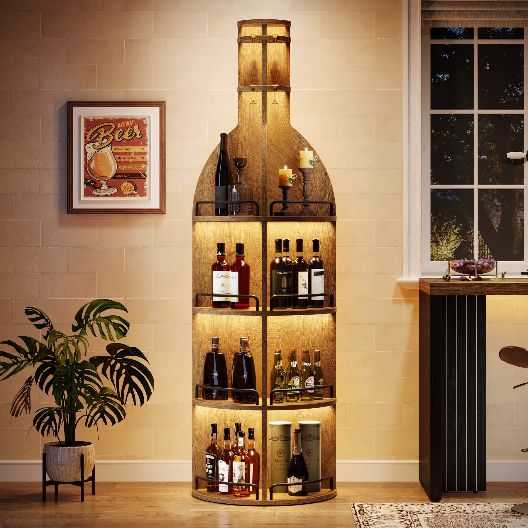 Tribesigns 74.8 Inch Tall Round Wine Rack with Storage Shelves and Glass Holder, Freestanding Wine Bar Cabinet for Home Bar