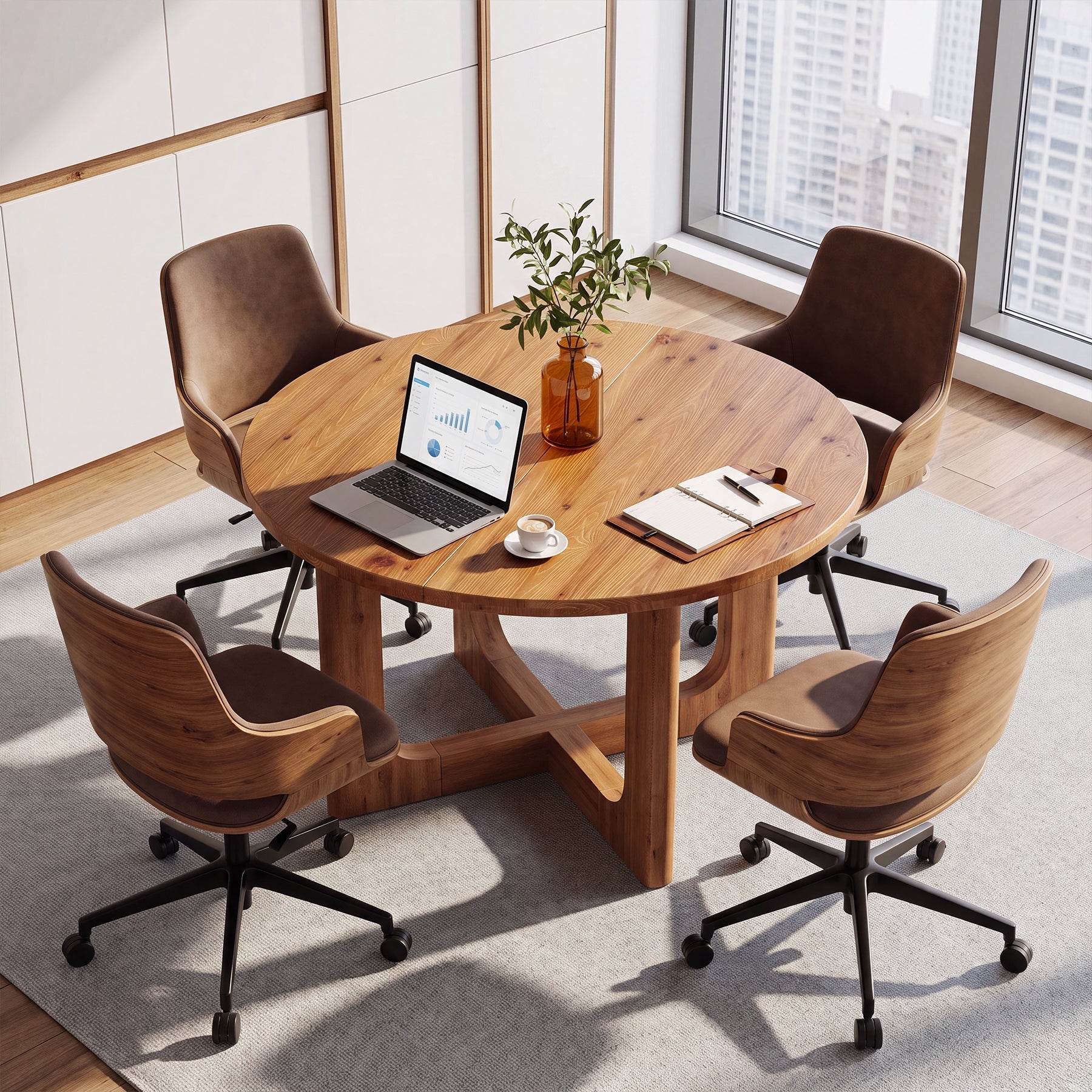39.4-Inch Round Solid Wood Conference Table with Cross Base, Meeting Table for Office