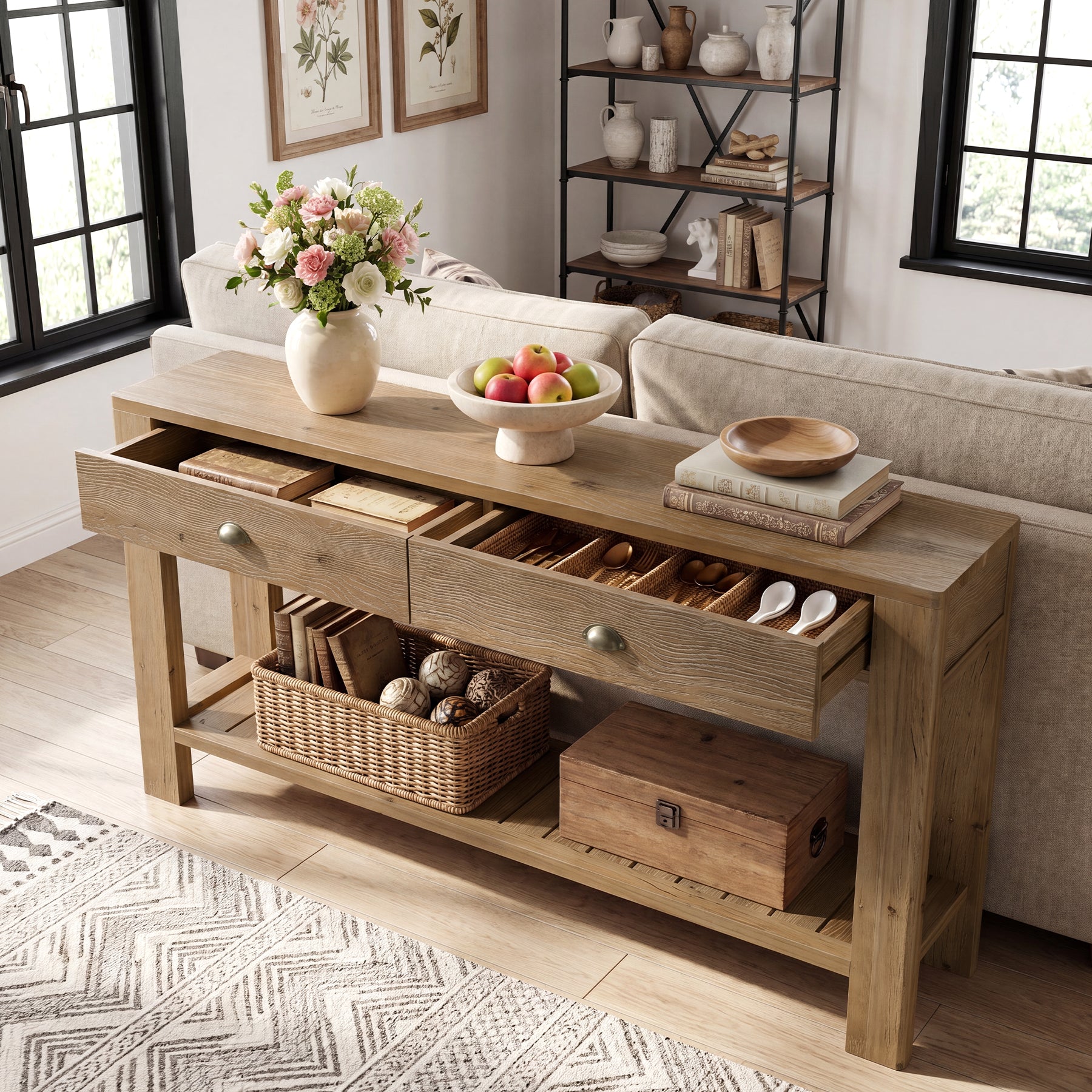 Tribesigns 55.12 Inch Solid Fir Wood Console Table with 2 Drawers, Narrow Hallway Table with Shelf