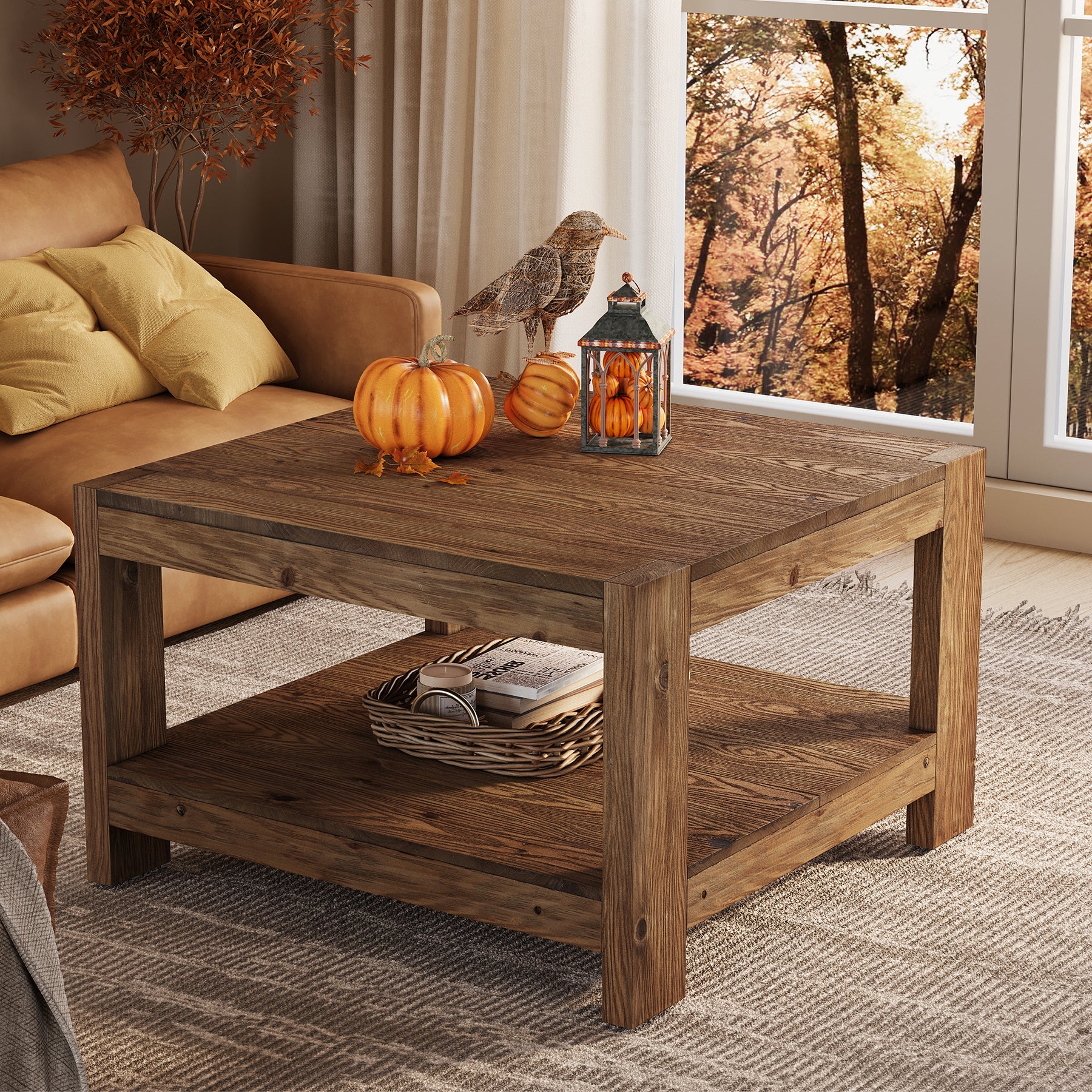 Tribesigns 31.5-Inch Square Farmhouse Coffee Table with Storage Shelf, Solid Wood Center Table for Living Room
