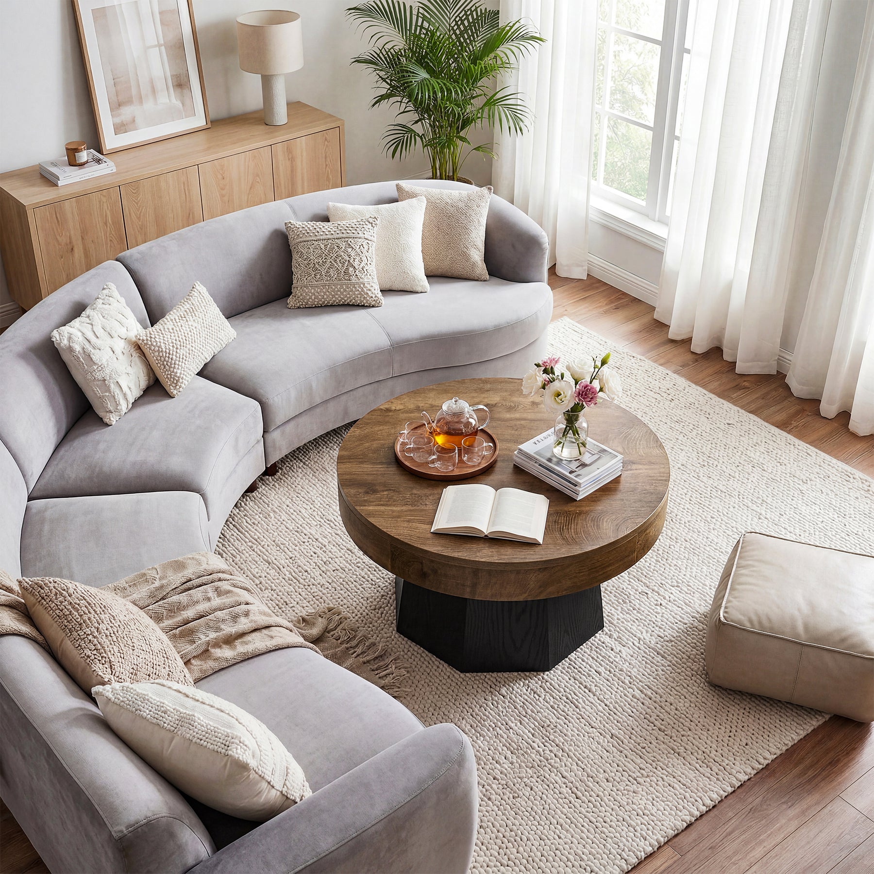 31.5-Inch Round Coffee Table with Octagonal Base, Modern Centre Table for Living Room
