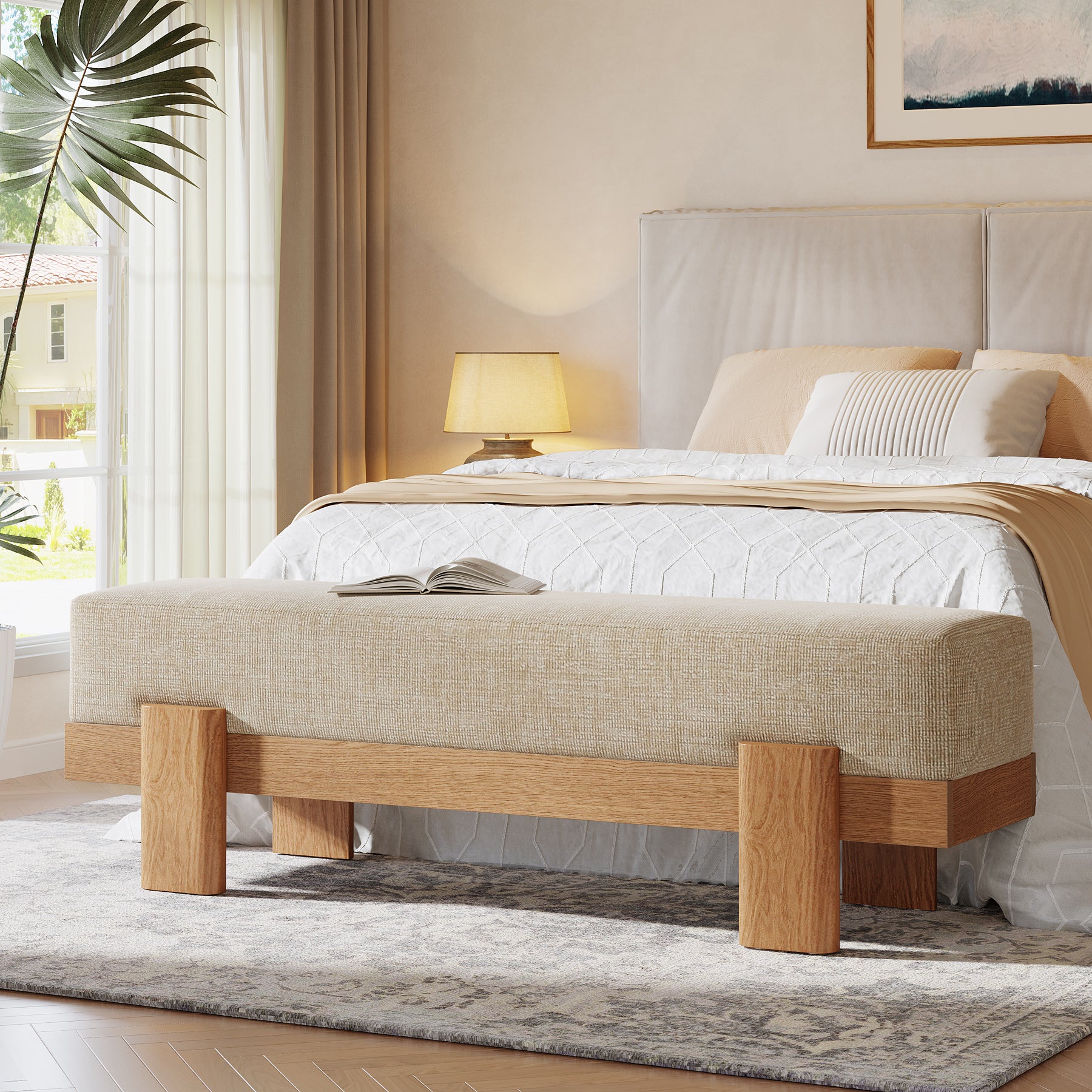 55-Inch Upholstered Entryway Bench, Modern Shoe Bench with Thick Cushion