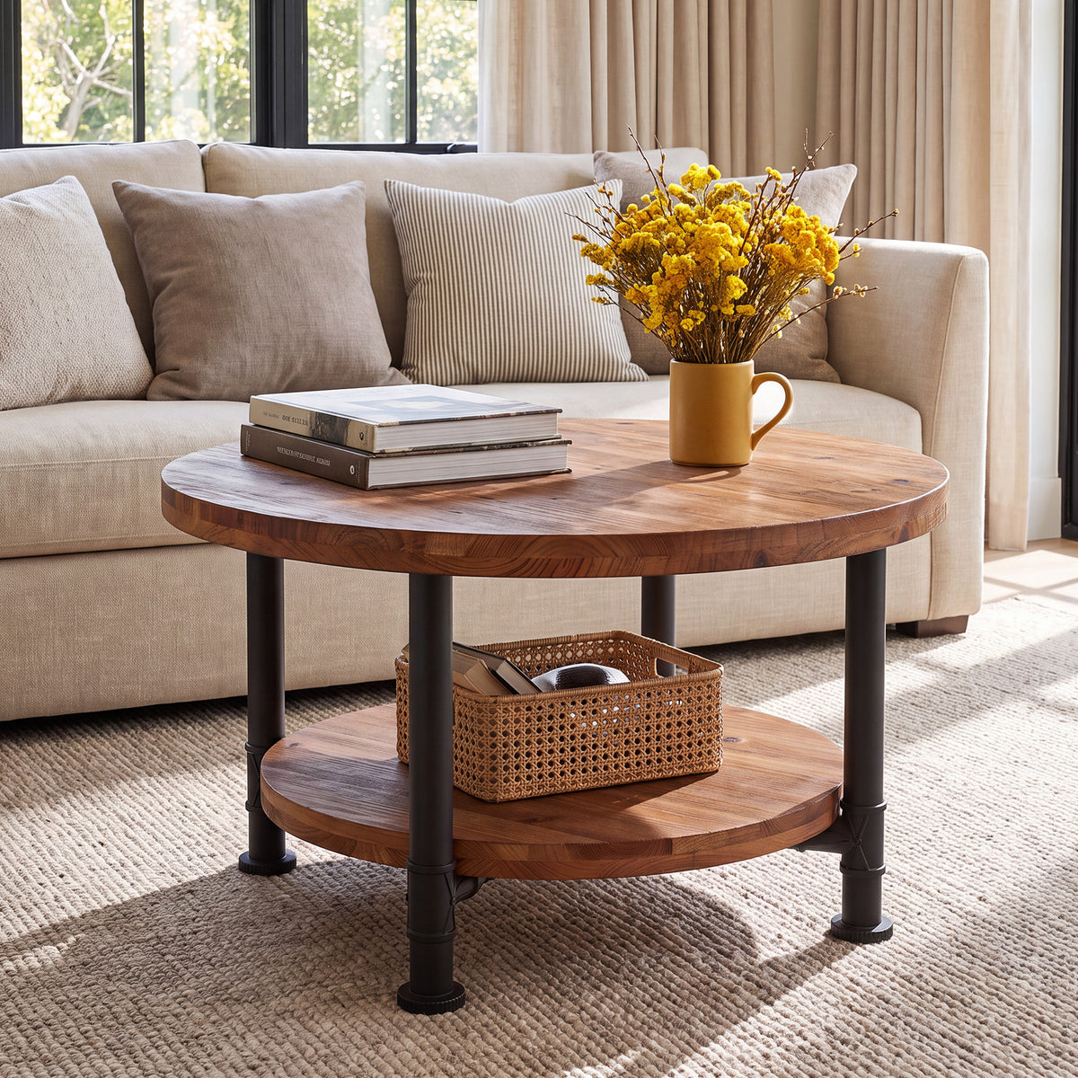 Tribesigns 31.5" Solid Wood Round Coffee Table with Storage Shelf, Industrial Table for Living Room