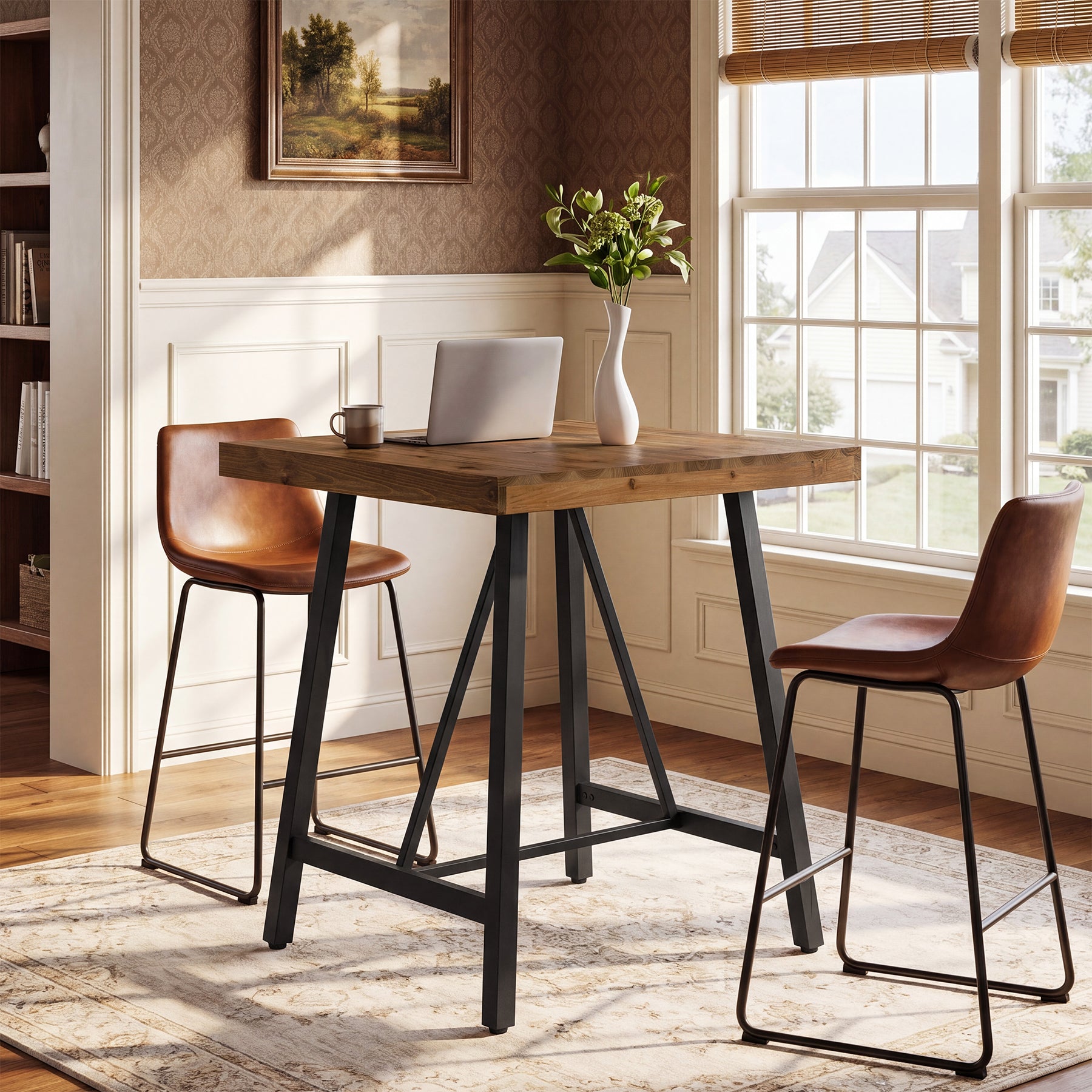 Tribesigns 31.5-Inch Square Bar Table with Solid Wood Top and Metal Footrest, Industrial Pub Table for Home Bar Kitchen and Cafe