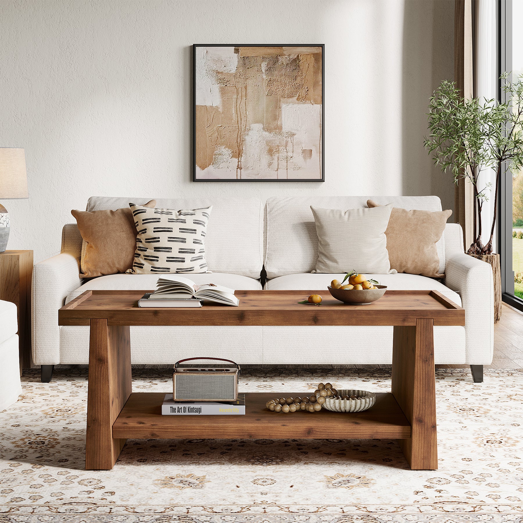 47.24"  Solid Wood Coffee Table with Raised Edge, Rustic Farmhouse 2 Tier Center Table