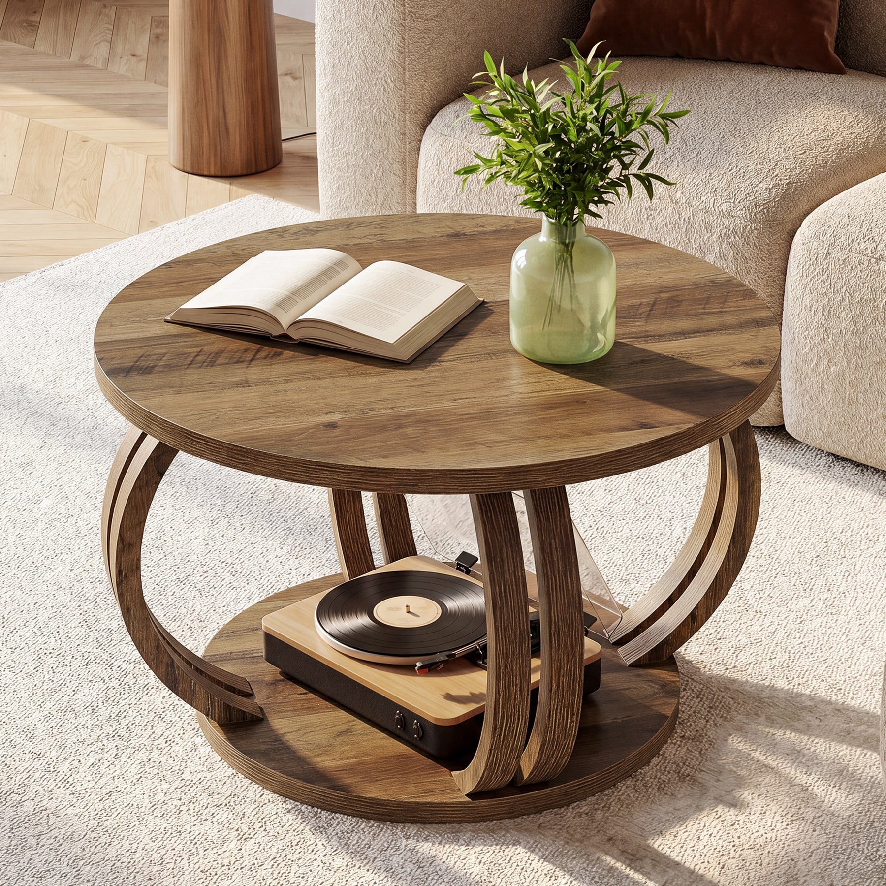 Tribesigns 31.5 Inch Round Coffee Table with Storage, Sculptural Curved Base for Living Room