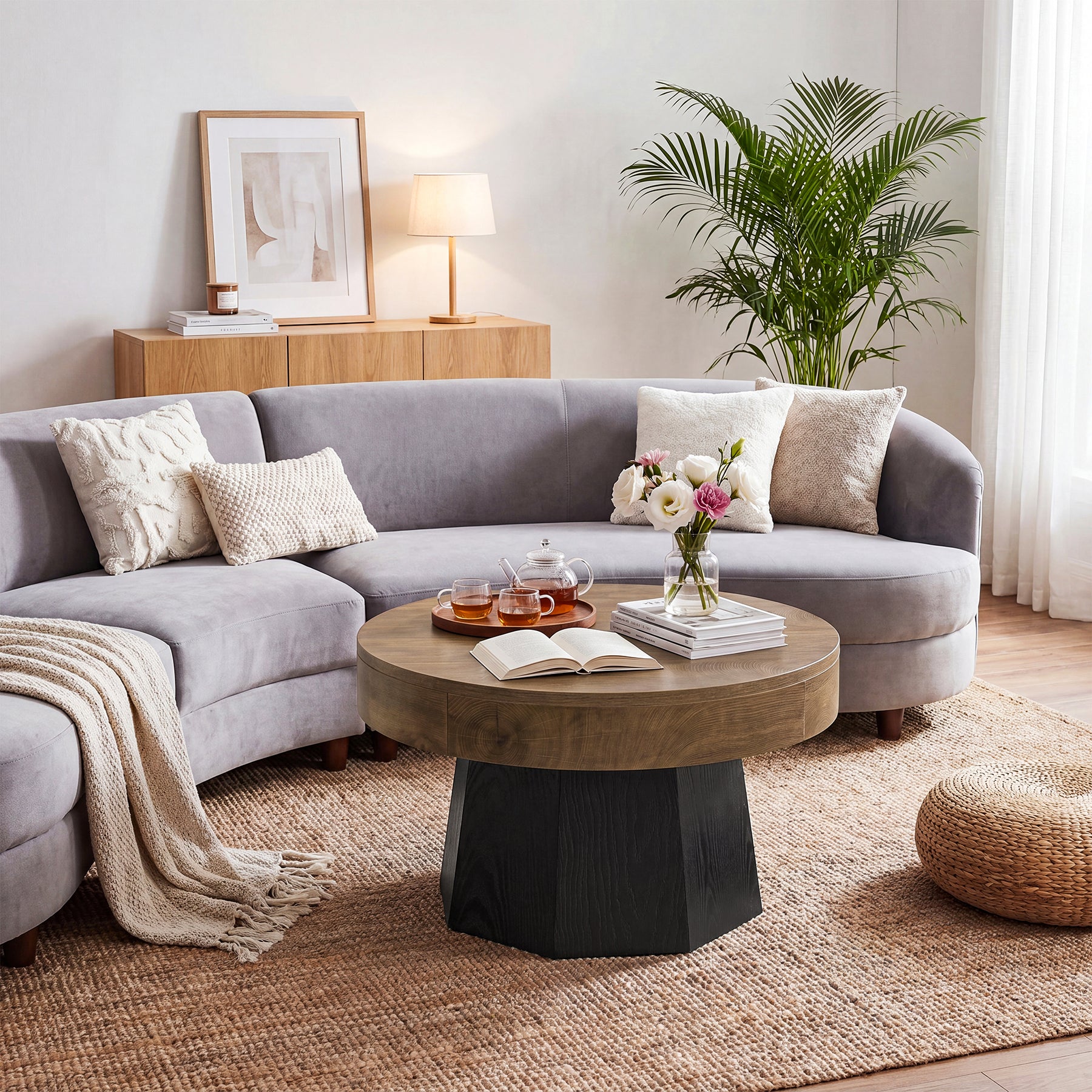 31.5-Inch Round Coffee Table with Octagonal Base, Modern Centre Table for Living Room