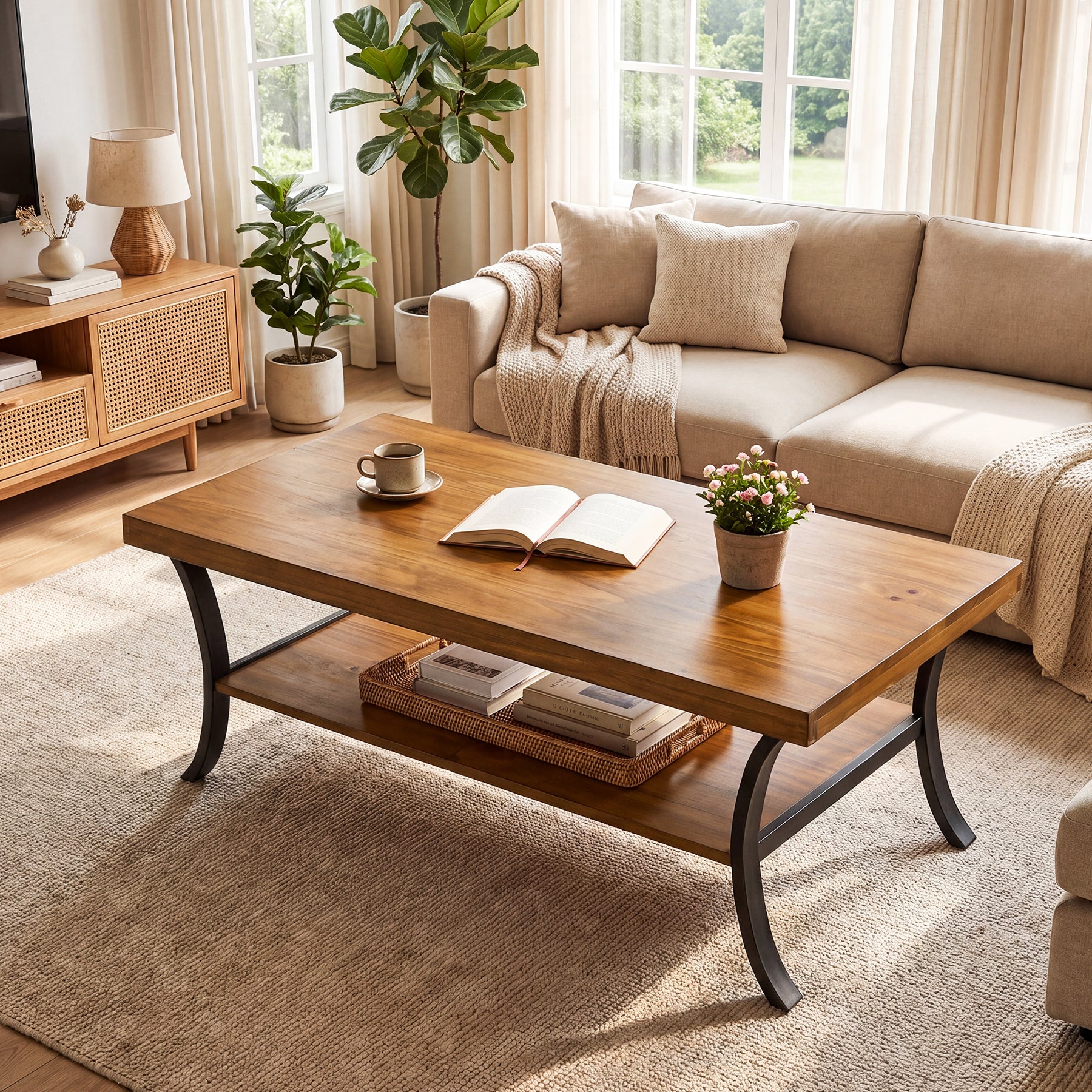 47 Inch Solid Wood Coffee Table, 2-Tier Farmhouse Center Table with Storage Shelf and Curved Metal Legs