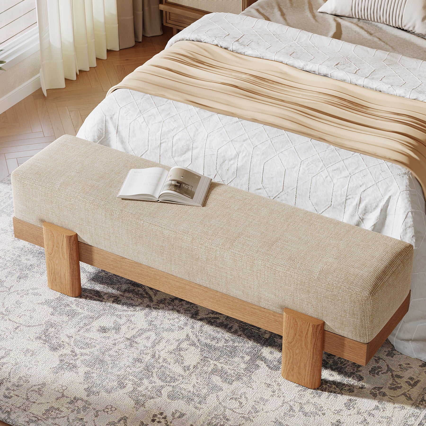 55-Inch Upholstered Entryway Bench, Modern Shoe Bench with Thick Cushion