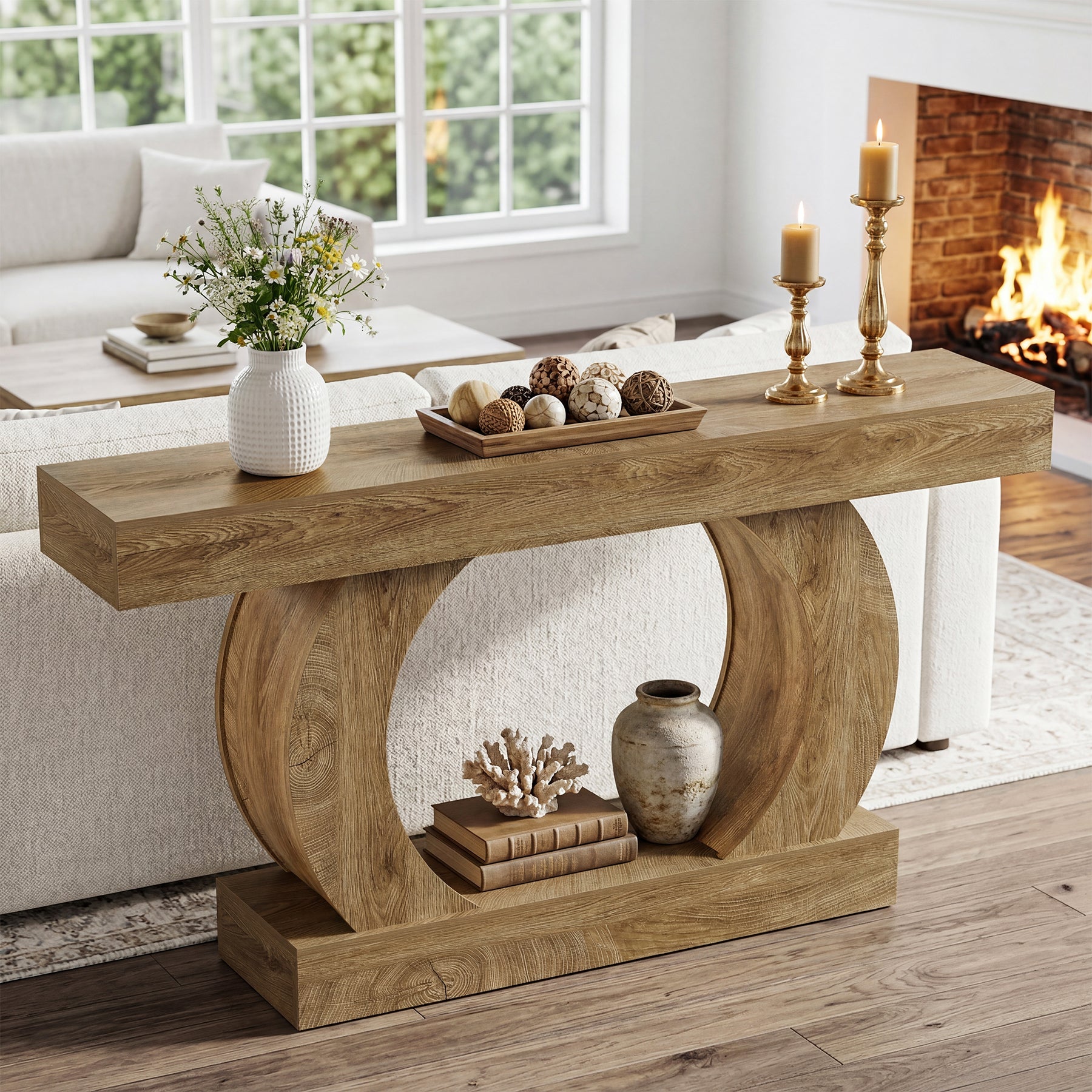 Tribesigns 59-Inch Farmhouse Console Table with Circular Open Base, 2-Tier Slim Entryway Table for Living Room and Hallway