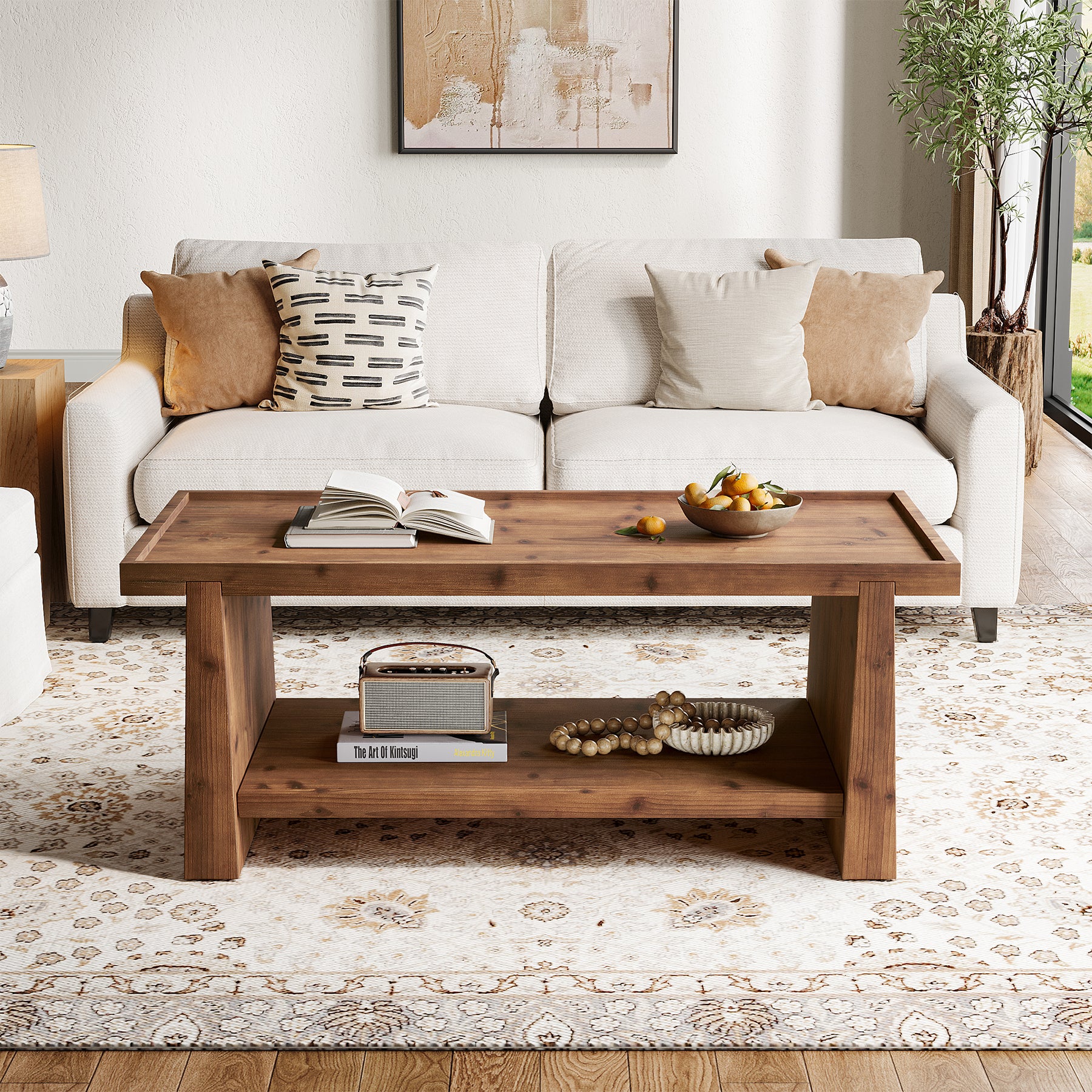 47.24"  Solid Wood Coffee Table with Raised Edge, Rustic Farmhouse 2 Tier Center Table