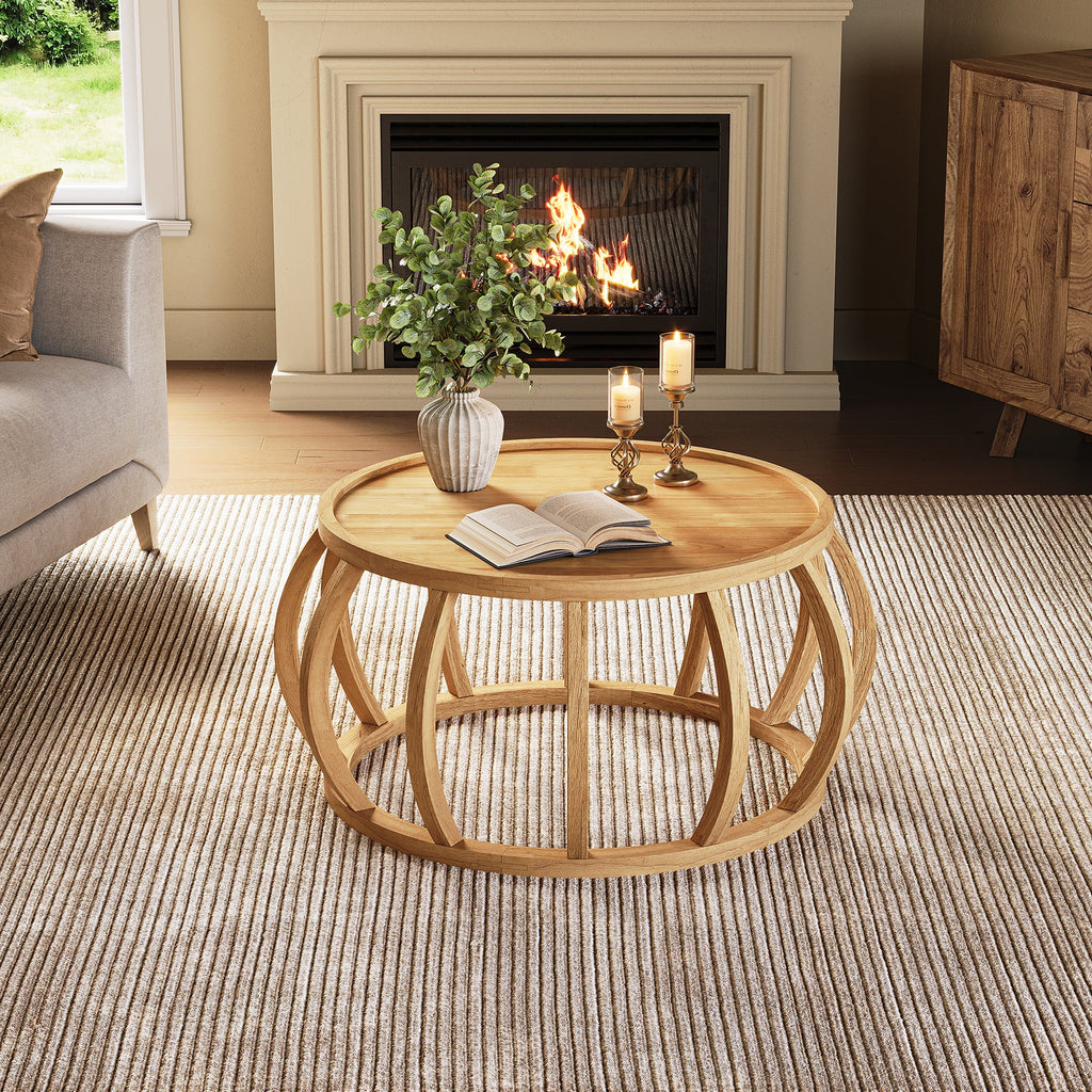Round Coffee Table Solid Wood Center Table Curved Base & Easy Assembly