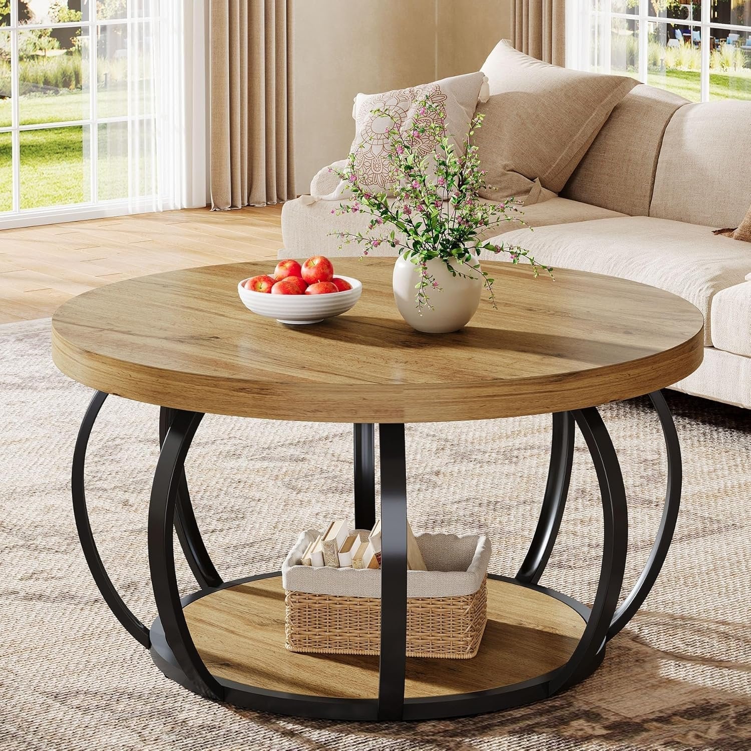31.5" Round Coffee Table, Farmhouse Accent Center Table with 2-Tier Shelf